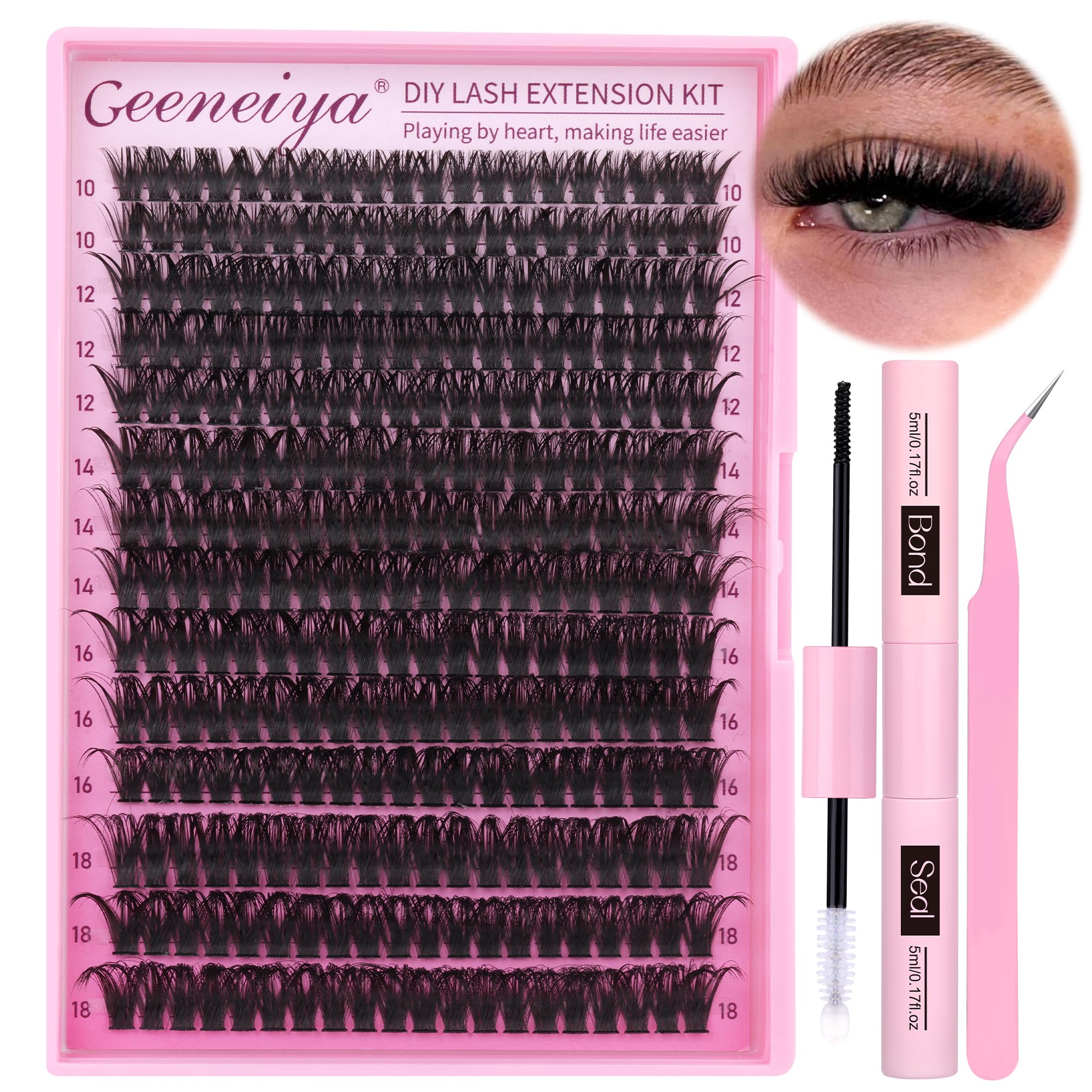 Geeneiya Full Lash Extension Kit 10-18MM Volume Lashes with Bond & Seal, Tweezers