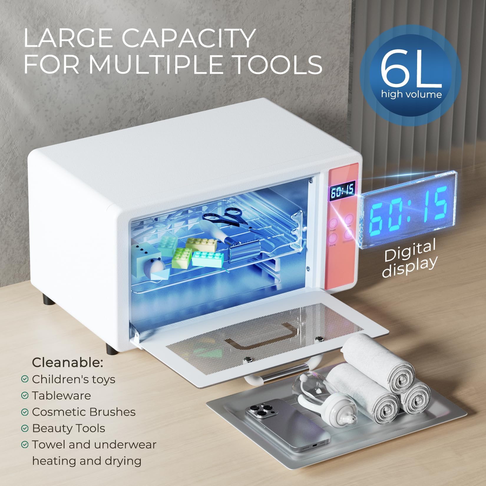 Geisofu UV Light Nail Tool Cleaning Machine – Dry Heat Cabinet UV Cleaner for Nails & Barber Tools, 6L 110V 160W White