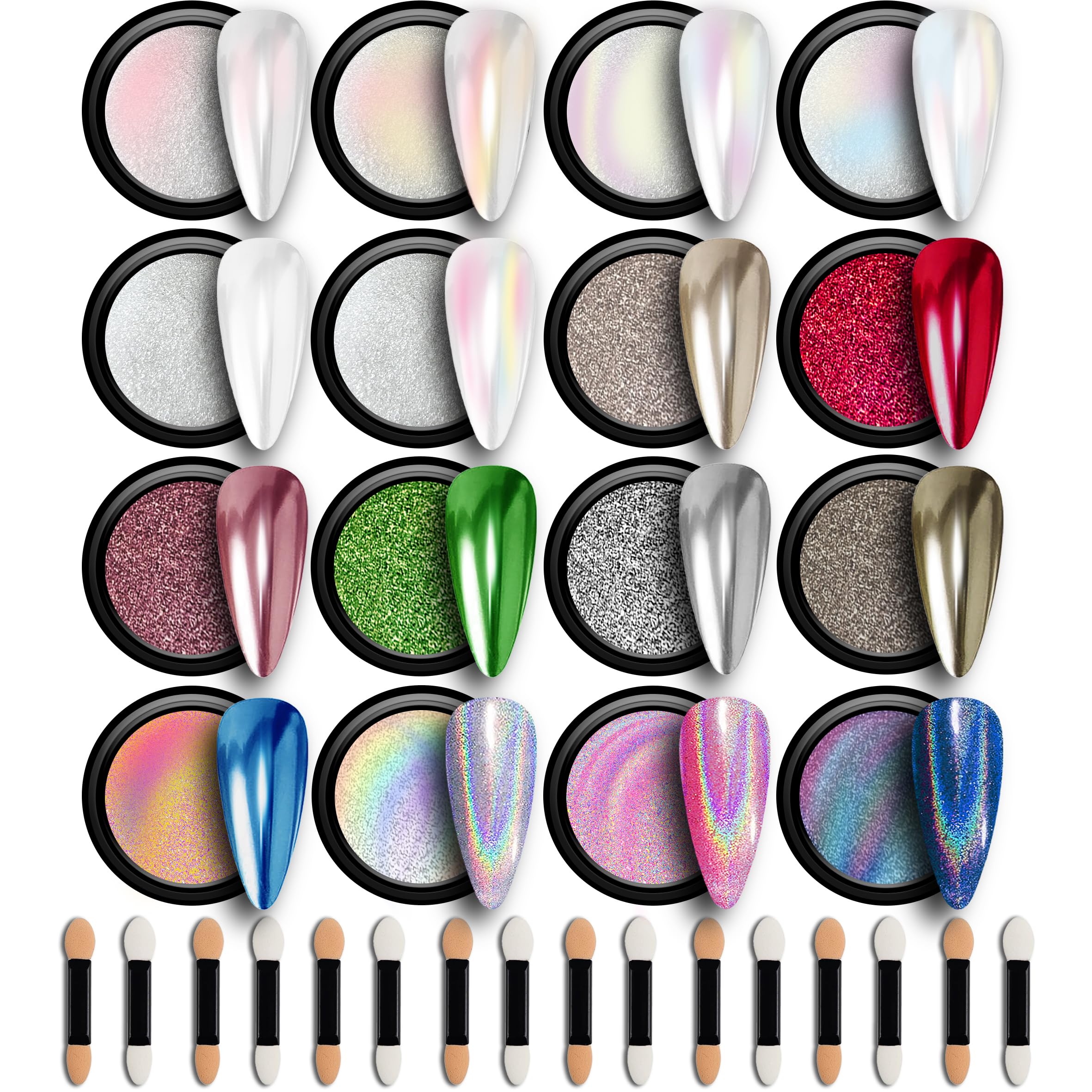 GEL PARTY 16 Colour Chrome & Holographic Nail Powder Kit – Mirror-Effect Gel Nails for UV/LED