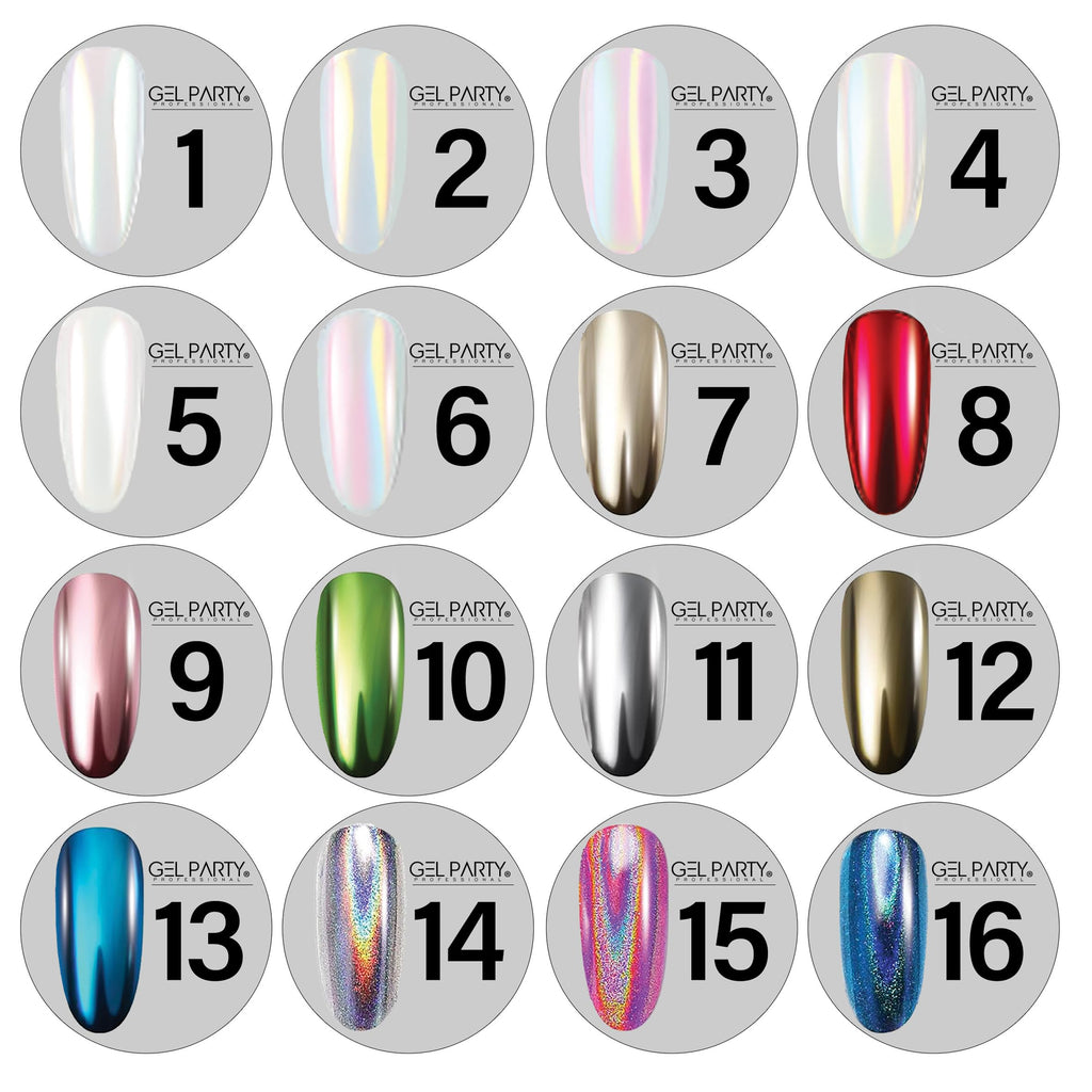 GEL PARTY 16 Colour Chrome & Holographic Nail Powder Kit – Mirror-Effect Gel Nails for UV/LED