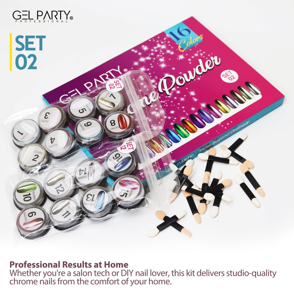 GEL PARTY 16 Colour Chrome & Holographic Nail Powder Kit – Mirror-Effect Gel Nails for UV/LED