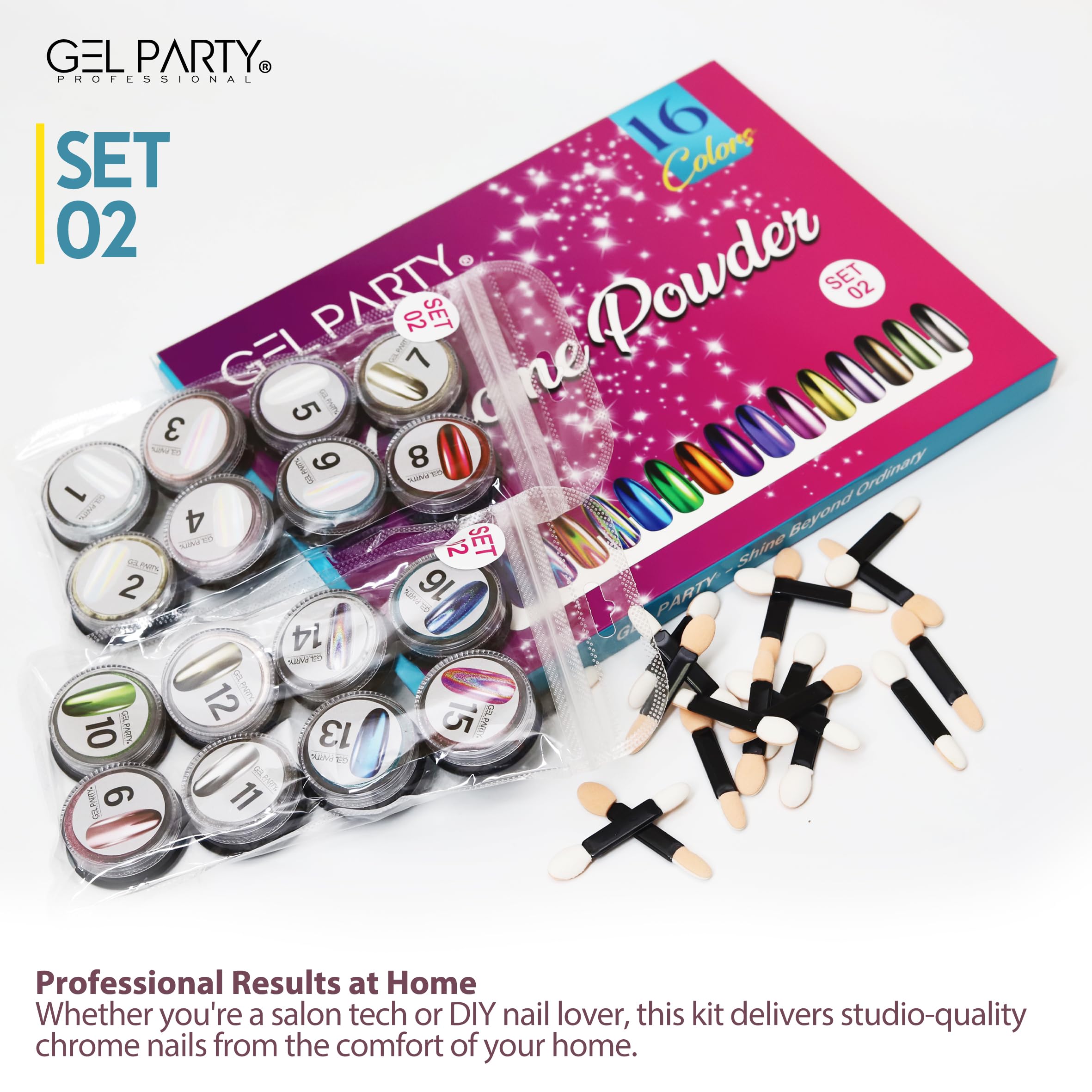 GEL PARTY 16 Colour Chrome & Holographic Nail Powder Kit – Mirror-Effect Gel Nails for UV/LED