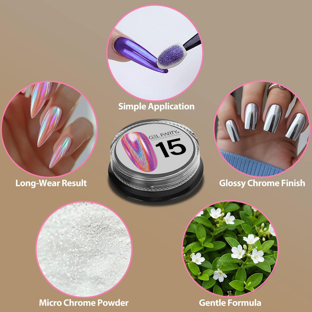 GEL PARTY 16 Colour Chrome & Holographic Nail Powder Kit – Mirror-Effect Gel Nails for UV/LED