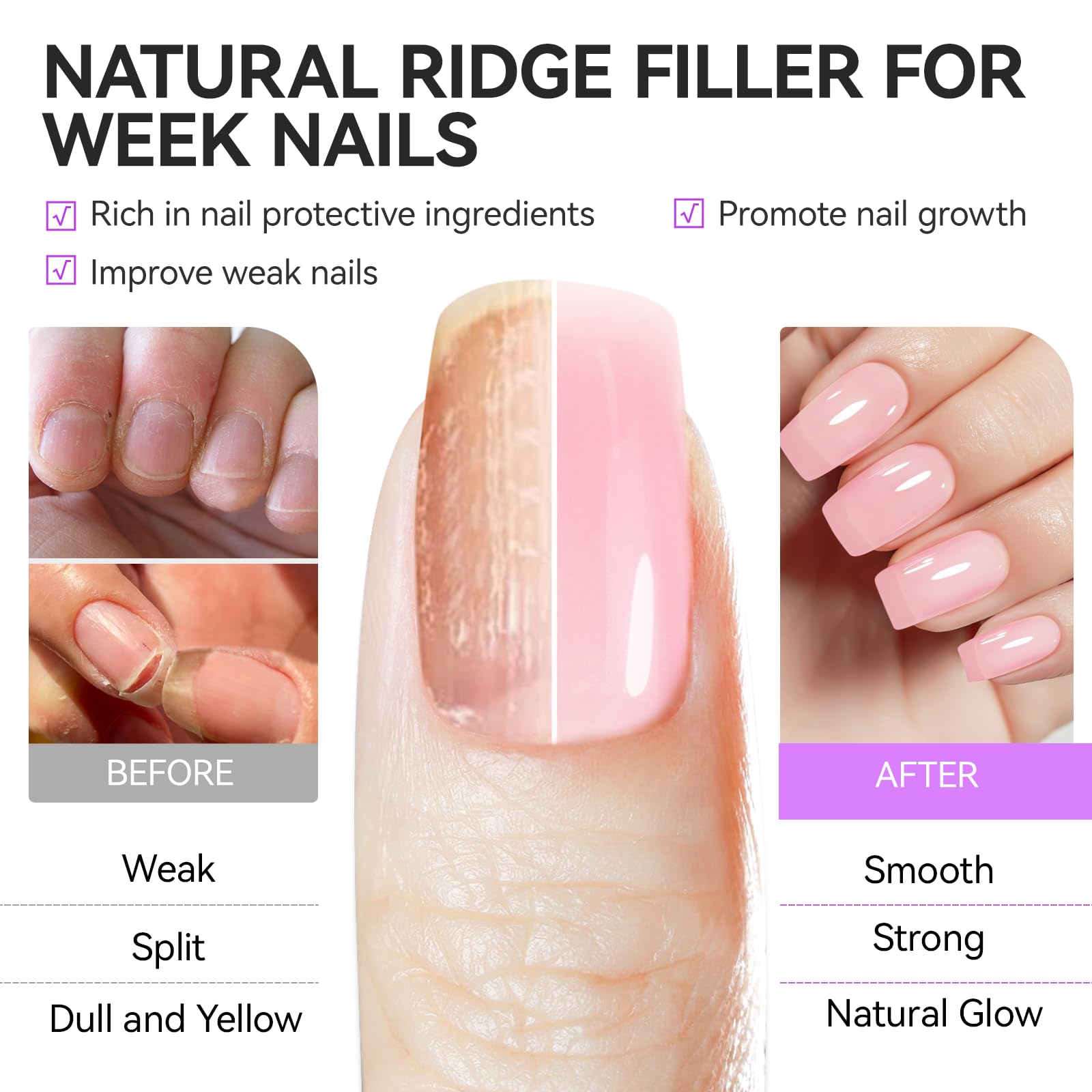 gelike ec Milky Pink Nail Strengthener & Growth Polish – 6-in-1 Ridge Filler (15ml) for Damaged Nails