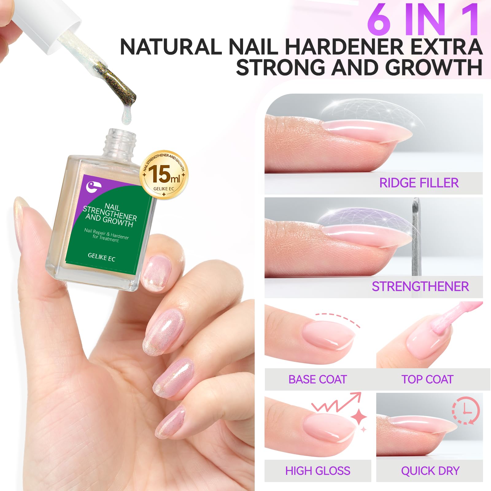 Gelike EC Nail Strengthener & Damaged Nail Repair – Glitter Pink 15ml, 6-in-1 Non-Toxic Protein Nail Hardener for Home DIY Manicure
