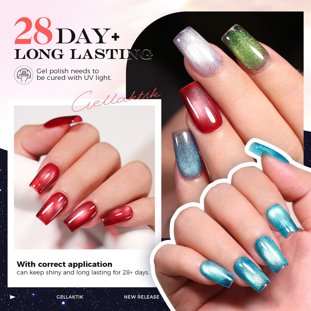 GELLAKTIK 5-in-1 Cat Eye Gel Nail Polish Kit – 6 Colors, No Base/Top Coat Needed, Magnetic Nail Art Set