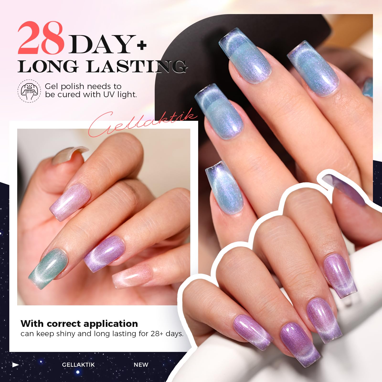 GELLAKTIK 5-in-1 Cat Eye Gel Nail Kit – 6x7.5ml, No Base/Top Coat Needed