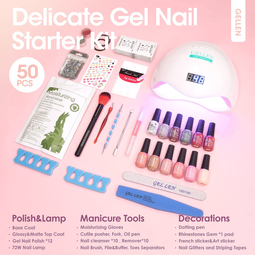 GELLEN Gel Nail Polish Kit with 72W LED Lamp – 12 Fall/Winter Shades, Base & Top Coats, Nail Art & Tools