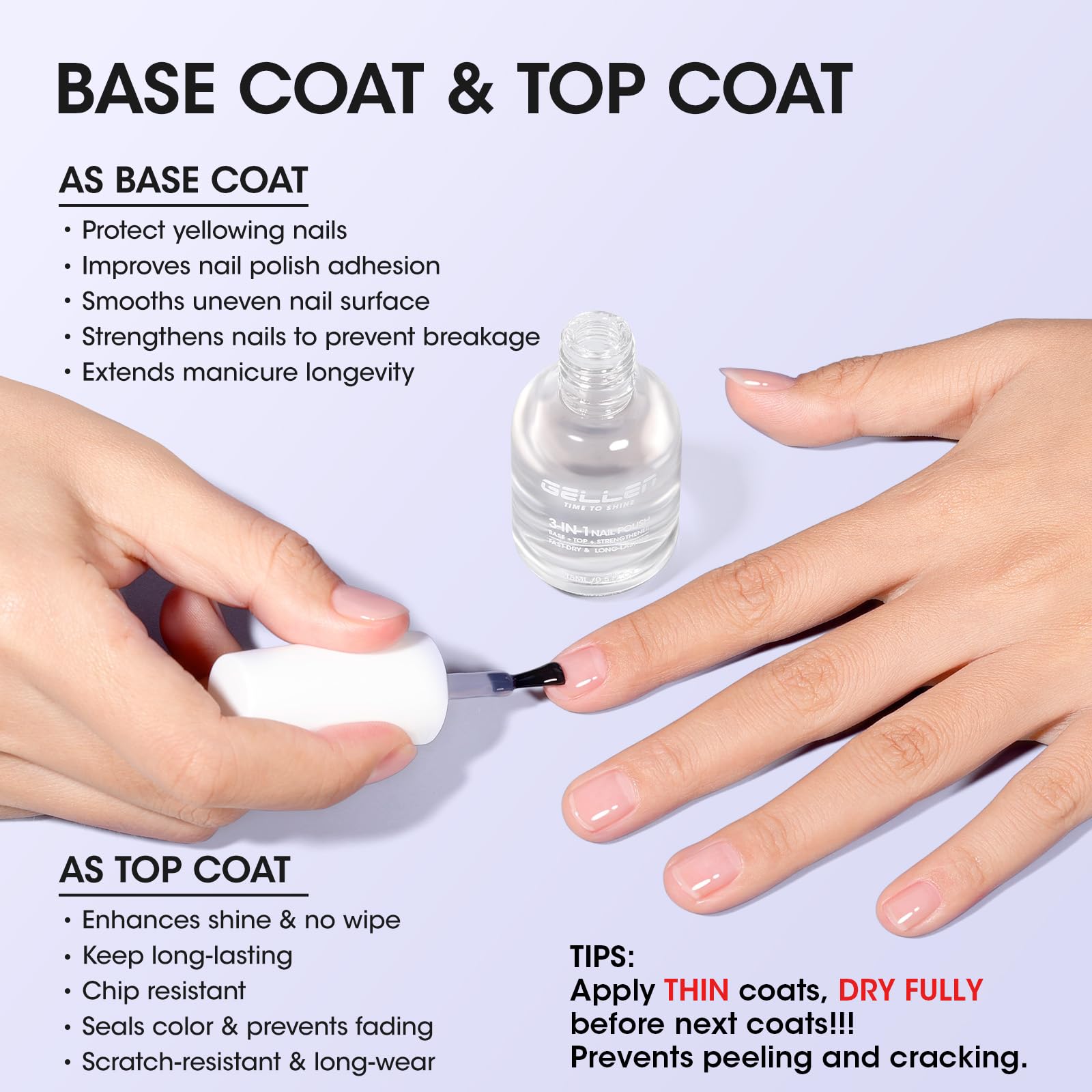 GELLEN 3-In-1 Clear Nail Polish Base Top Coat & Nail Strengthener – Fast Air-Dry, Breathable & Non-Toxic