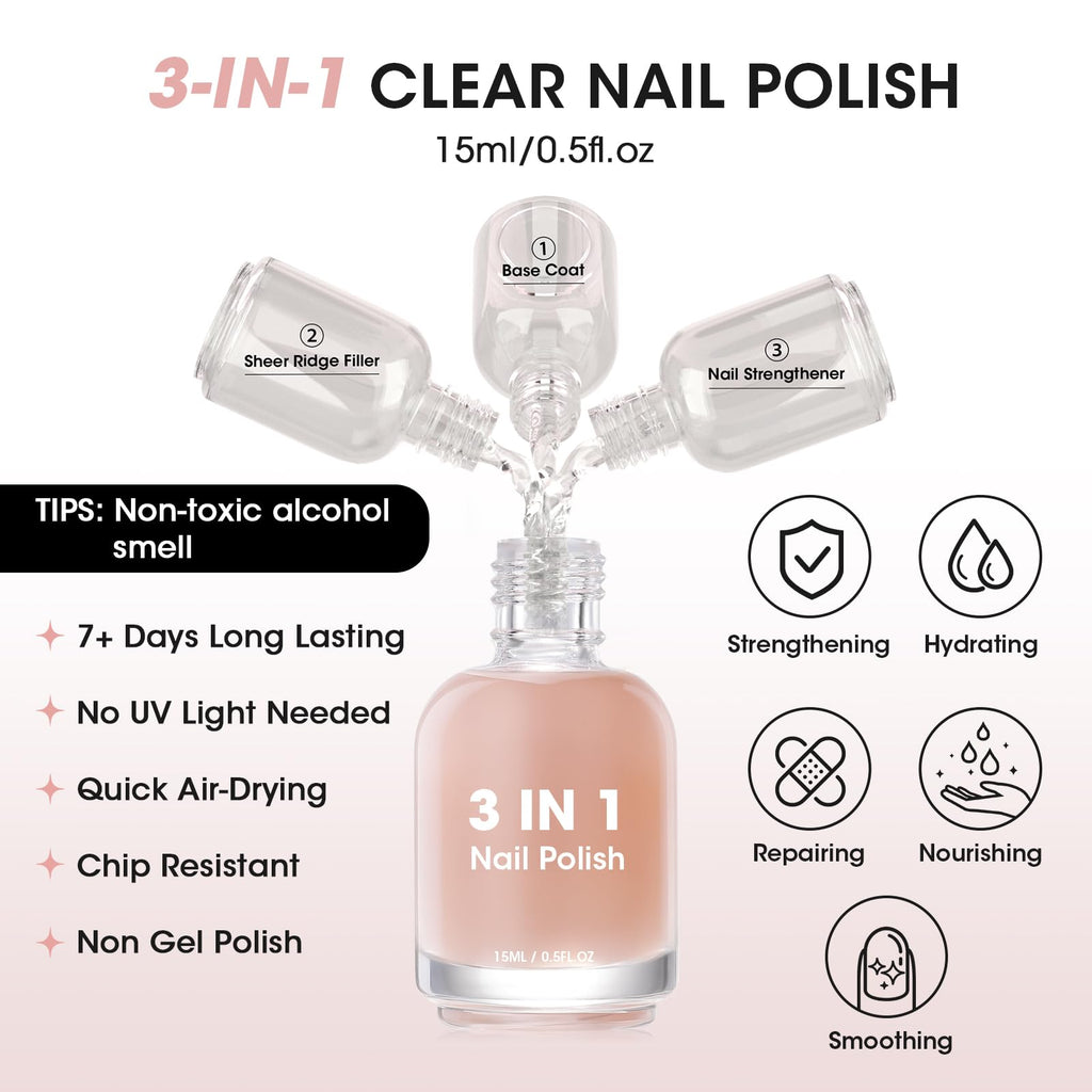 GELLEN Clear Ridge Filling Base Coat — Sheer Nude Tint, Strengthen & Nourish Nails
