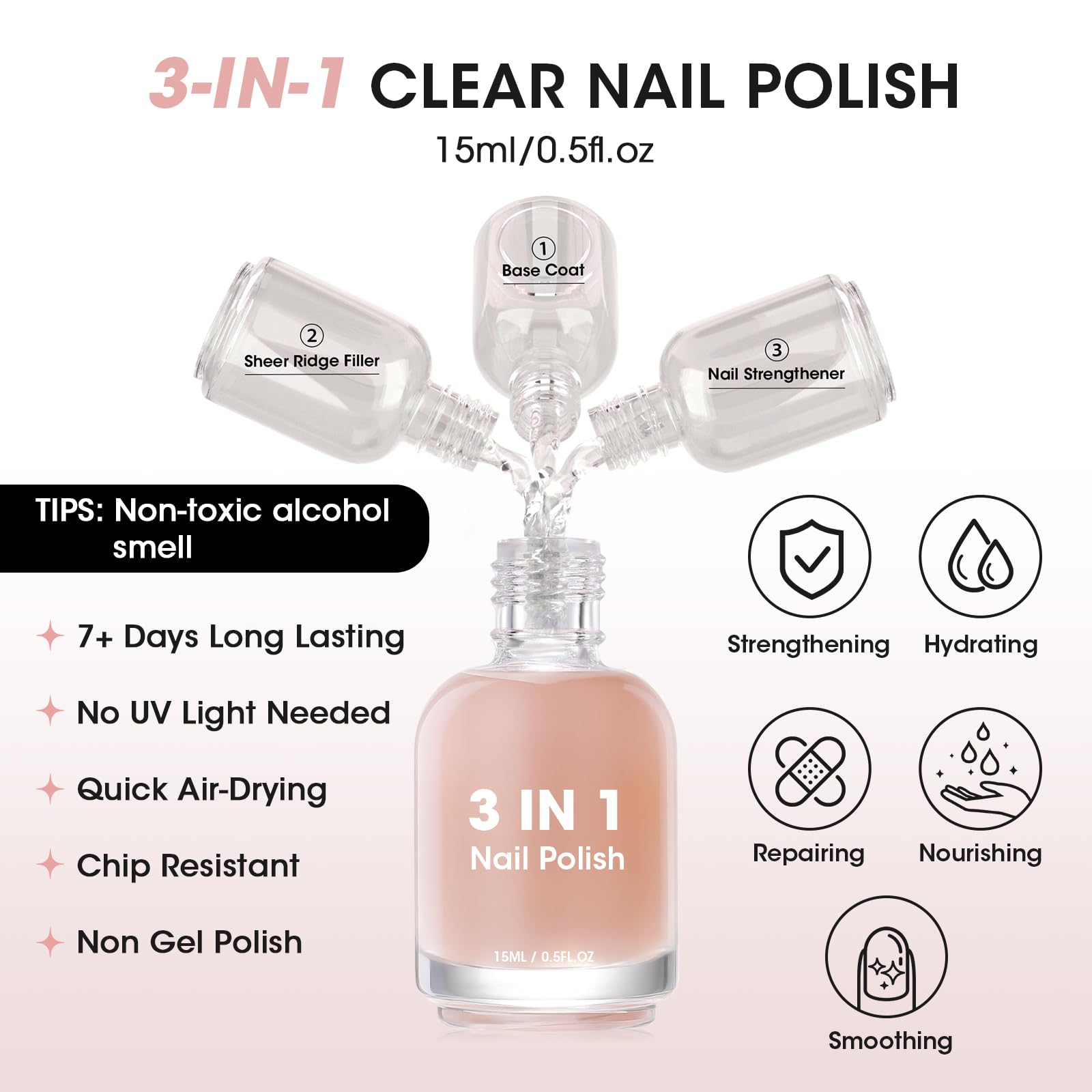 GELLEN Clear Ridge Filling Base Coat — Sheer Nude Tint, Strengthen & Nourish Nails