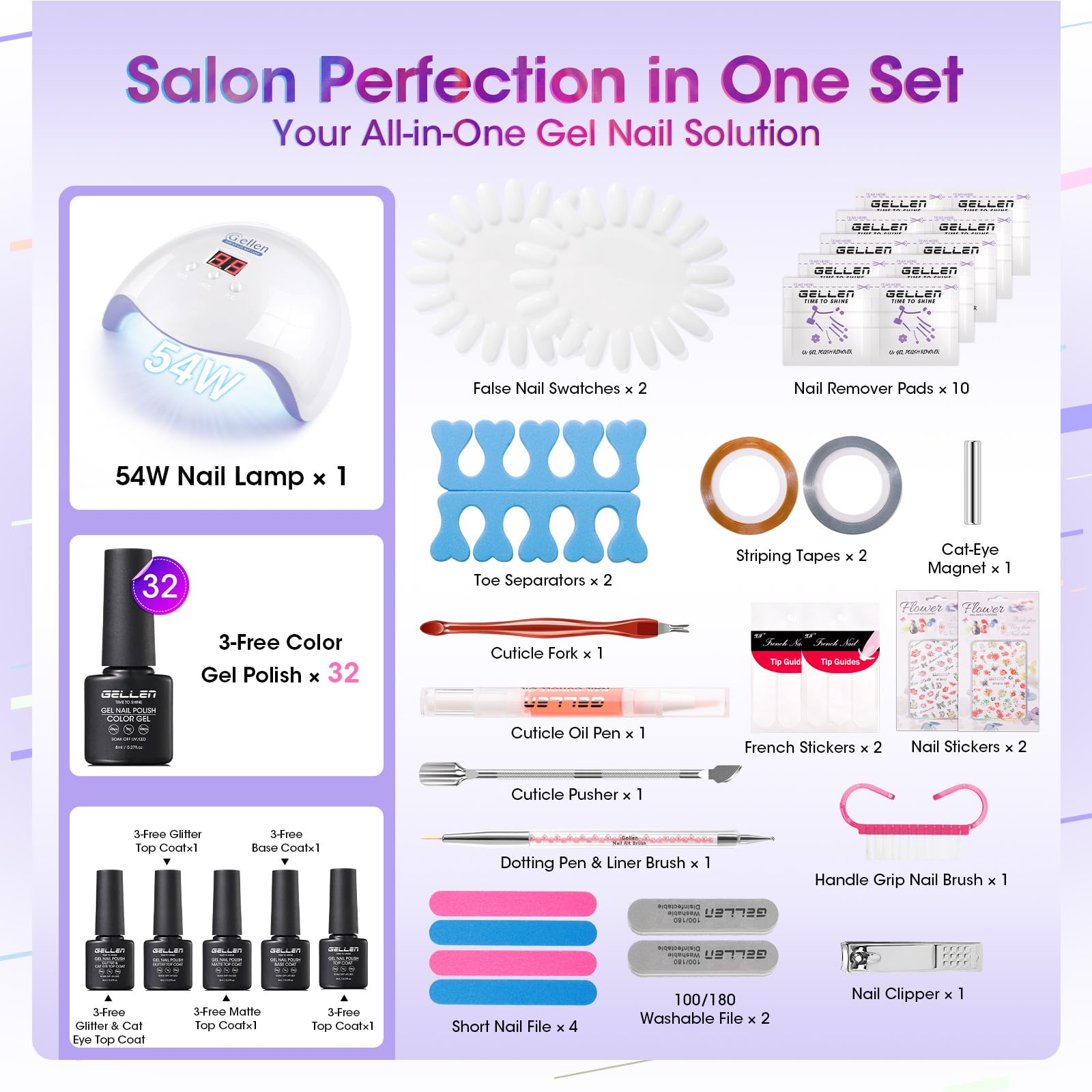 GELLEN 71-Piece Gel Nail Kit with 54W UV/LED Lamp — 32 Colors, Base & Top Coats, Home Salon Pro Set