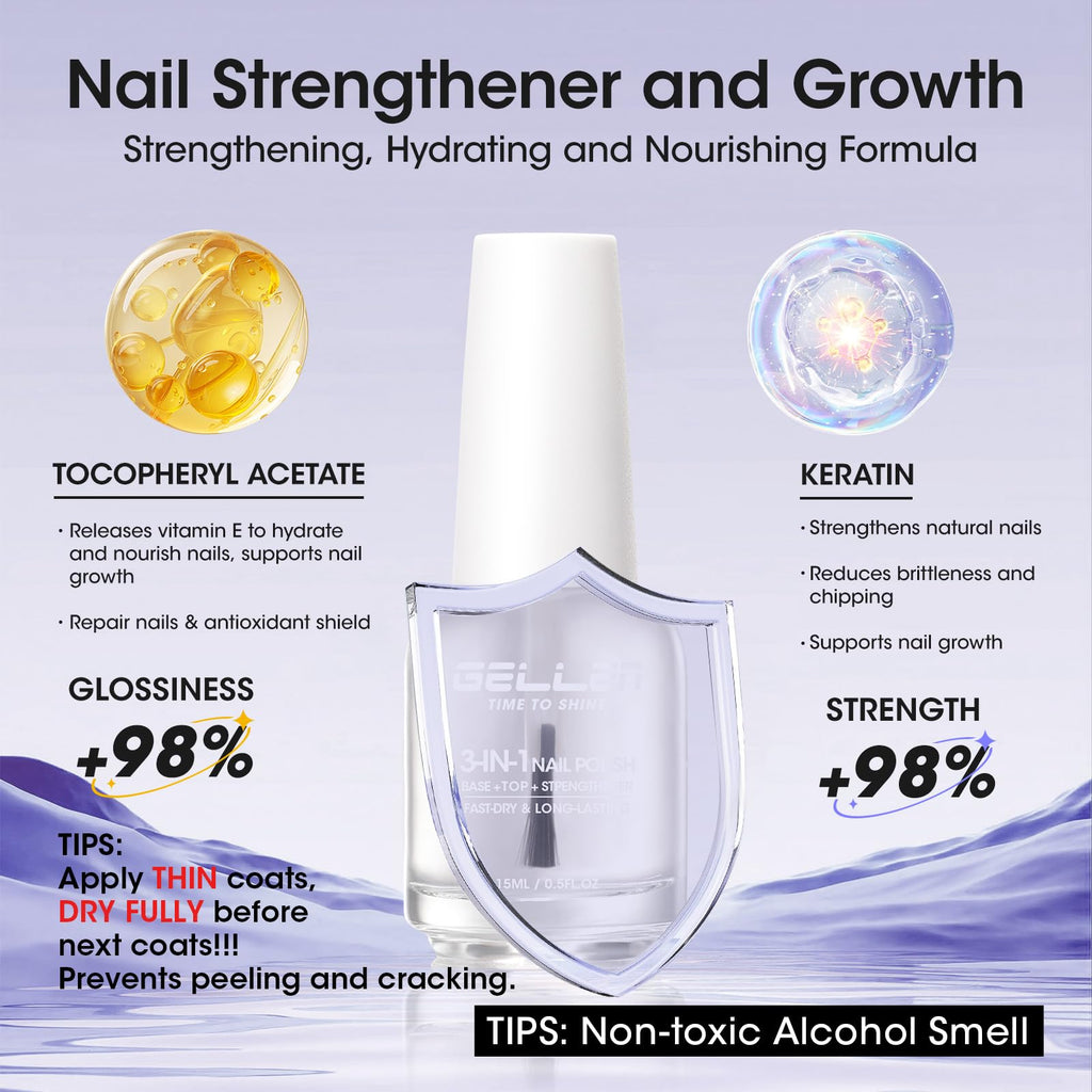 GELLEN 3-In-1 Clear Nail Polish Base Top Coat & Nail Strengthener – Fast Air-Dry, Breathable & Non-Toxic