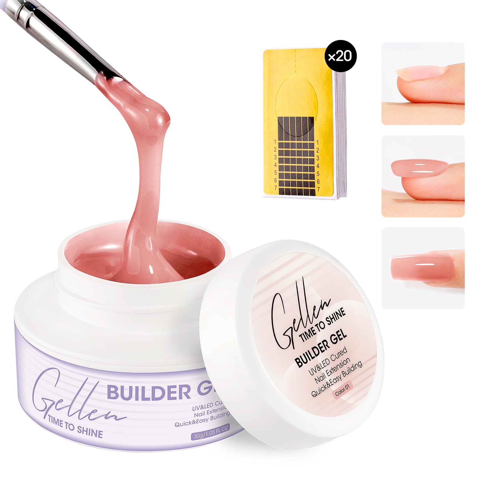 GELLEN Builder Gel Nude Pink – UV/LED Hard Gel for Nails Extensions & Overlays (30g) + 20 Nail Forms