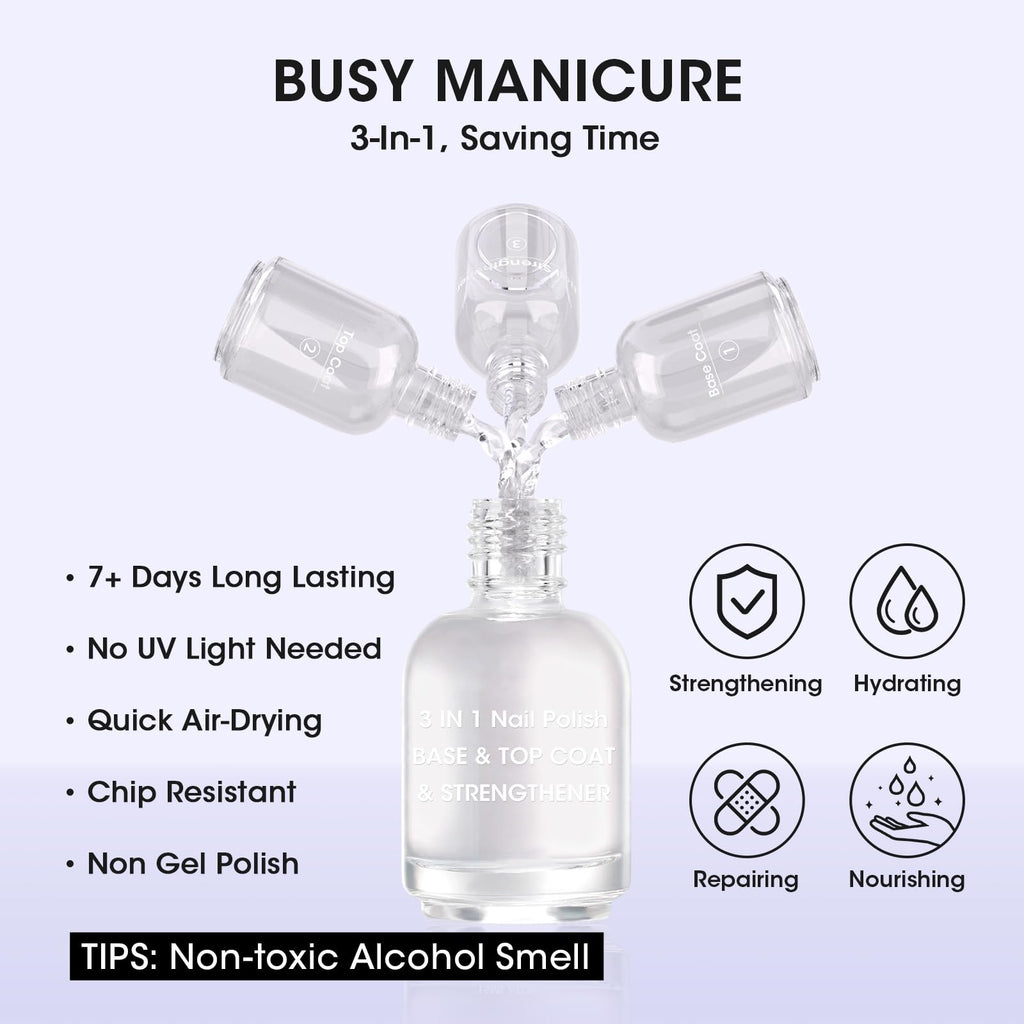 GELLEN 3-In-1 Clear Nail Polish Base Top Coat & Nail Strengthener – Fast Air-Dry, Breathable & Non-Toxic