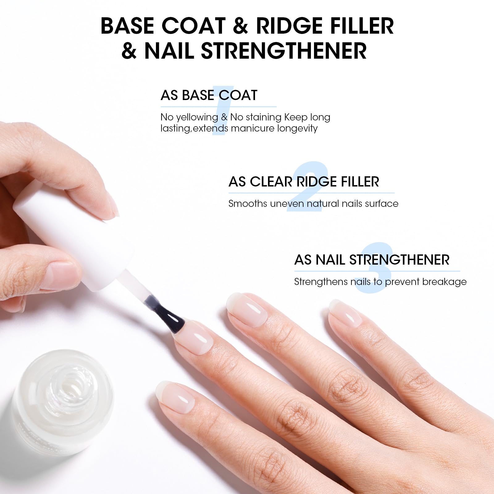 GELLEN Clear Ridge Filling Base Coat – 3-in-1 Nail Strengthener, Sheer Milky White Tint, HEMA/TPO Free
