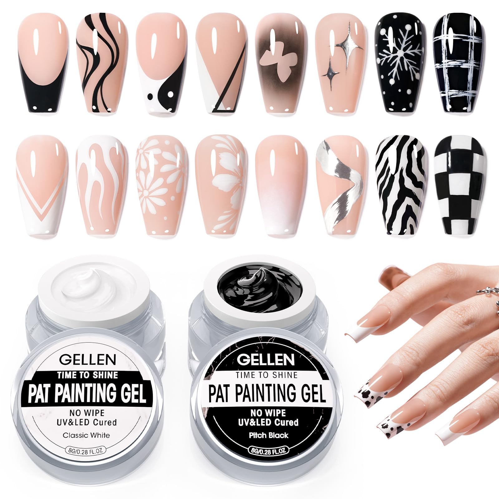 GELLEN Nail Painting Gel 2Pcs 8g – Black & White No-Wipe Nail Art Gel for Liner, Florals & French