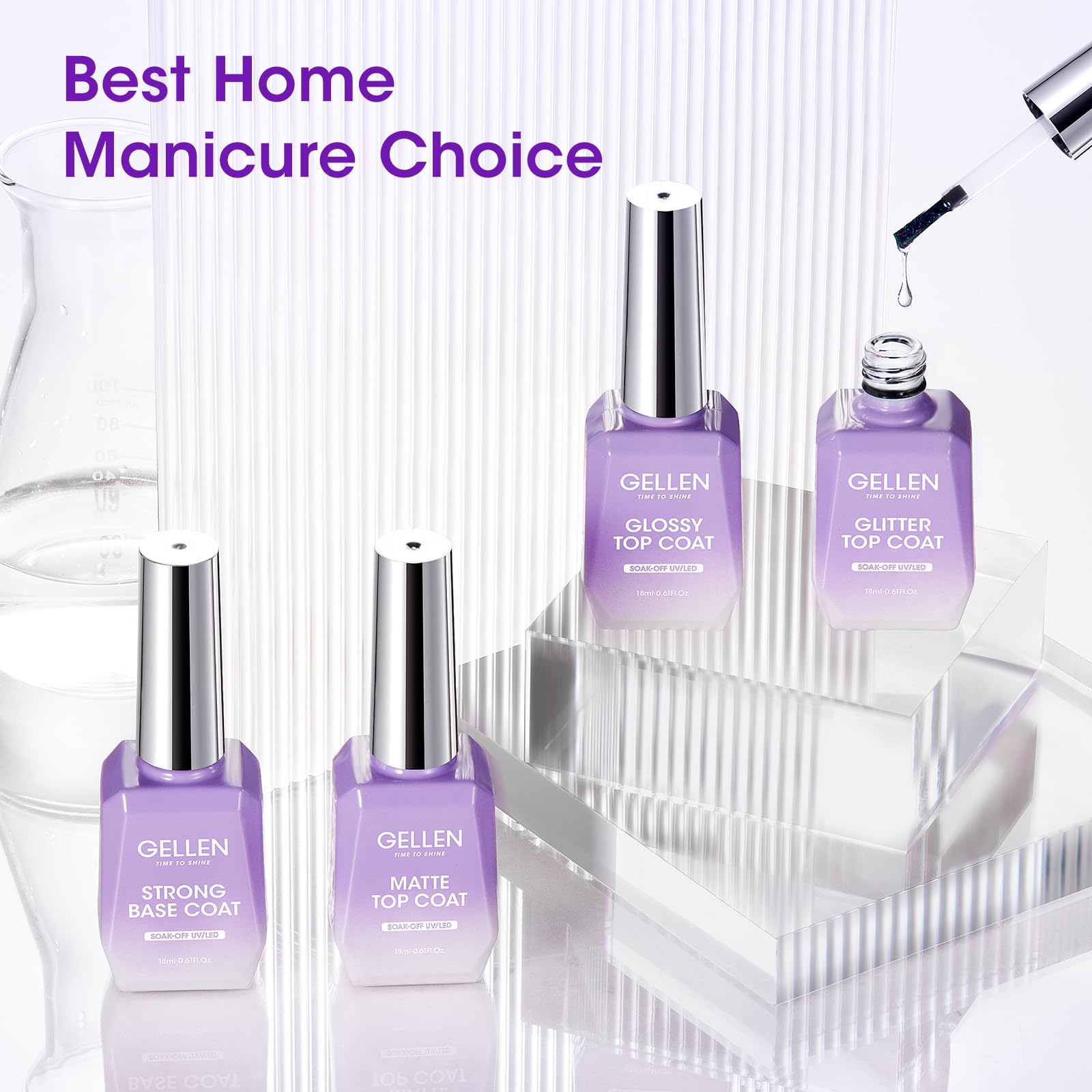 GELLEN Gel Base Coat & Top Coat Set – 4x18ml, Matte/Glossy/Glitter Top Coats for Soak-Off Gel Nails