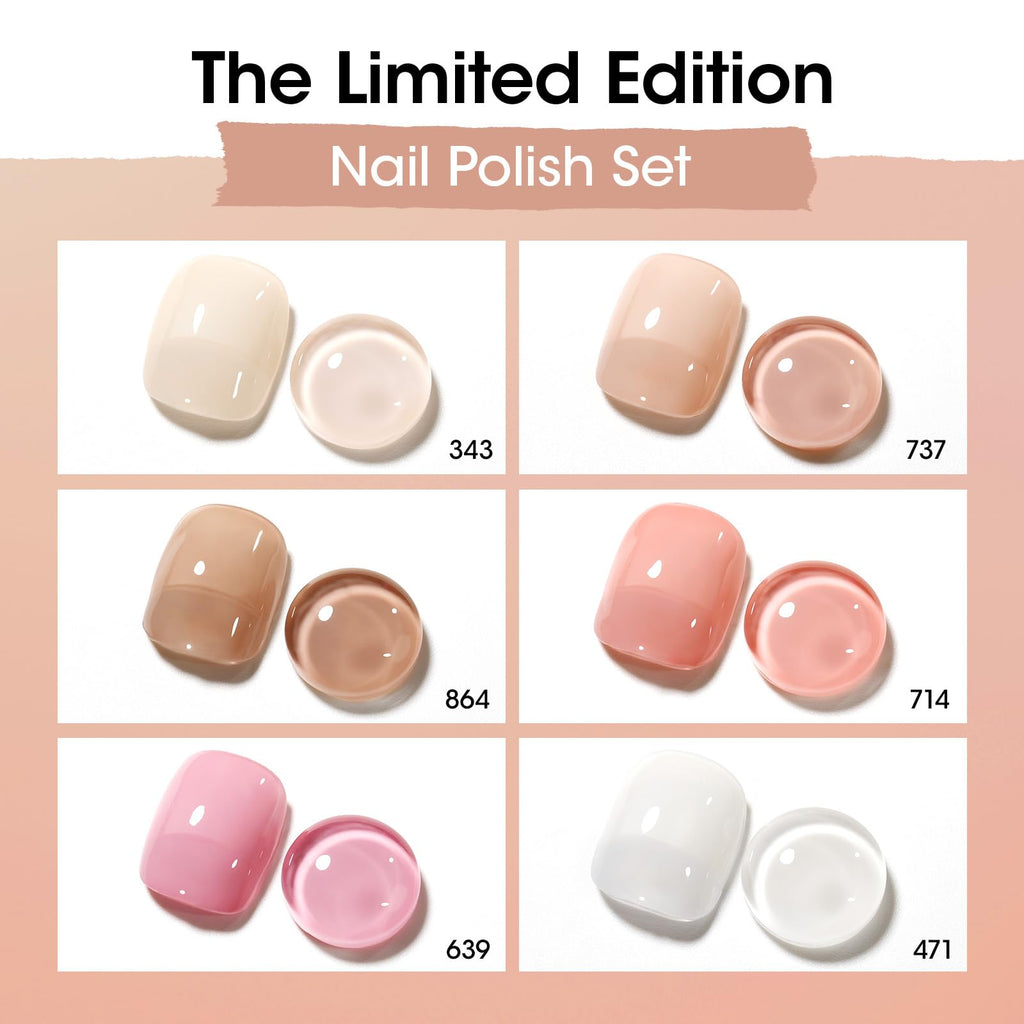 GELLEN Sheer Nude Jelly Nail Polish Set – 6 Colors, Quick Dry, 4-Free, HEMA-Free, Non-Toxic