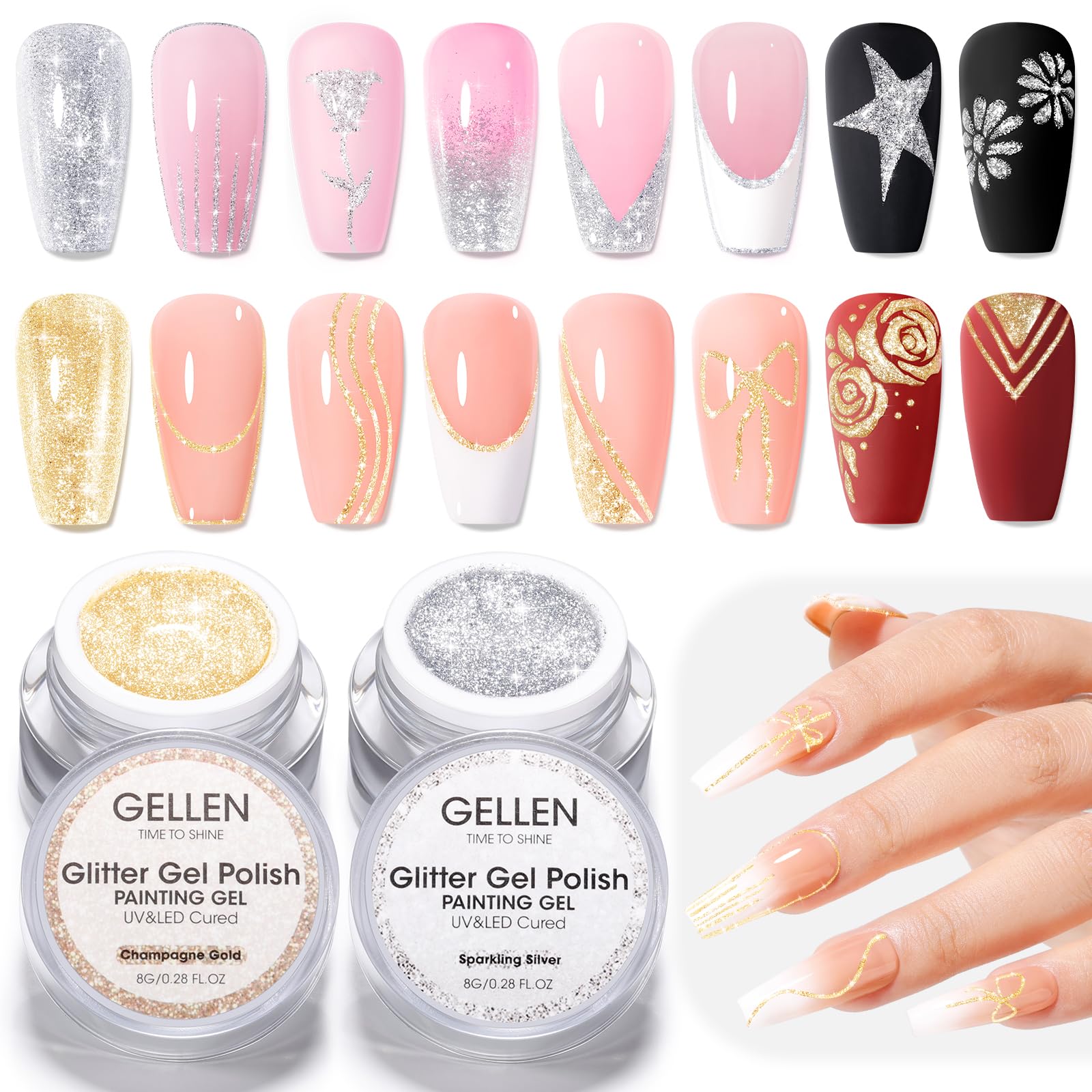 GELLEN Painting Gel for Nails – Champagne Gold & Sparkling Silver, HEMA-Free, UV/LED Cured