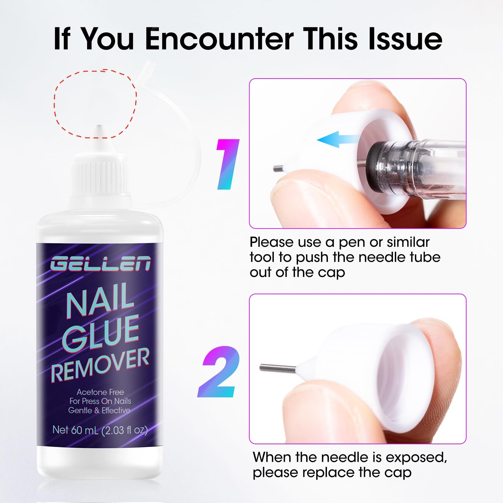 Gellen Press On Nail Remover – Acetone-Free, Needle Applicator, Quick Glue Removal