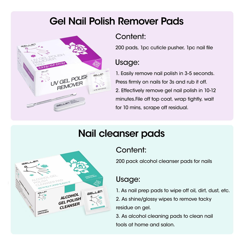 GELLEN Gel Polish Remover Pad Kit – 400 Pack, Acetone Pads + Alcohol Wipes, Travel Ready