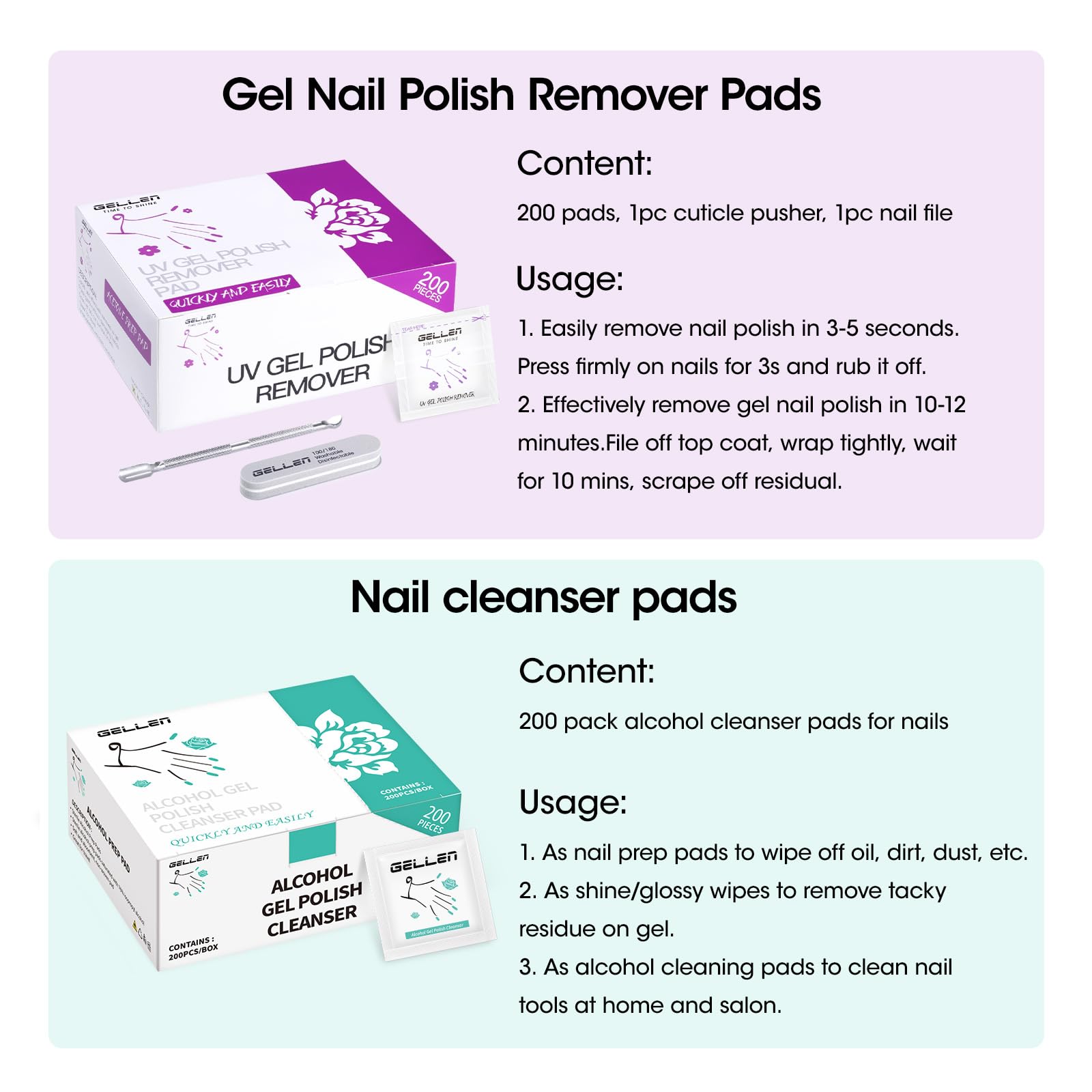 GELLEN Gel Polish Remover Pad Kit – 400 Pack, Acetone Pads + Alcohol Wipes, Travel Ready