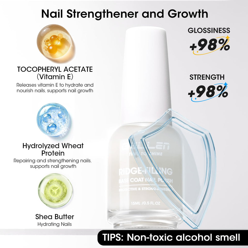 GELLEN Clear Ridge Filling Base Coat – 3-in-1 Nail Strengthener, Sheer Milky White Tint, HEMA/TPO Free