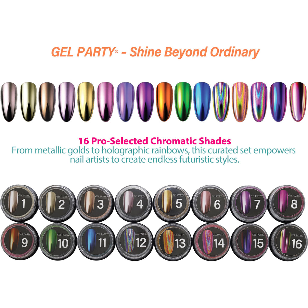 GEL PARTY GELPARTY 16 Colors Chrome Nail Powder Set – Mirror & Holographic Finish
