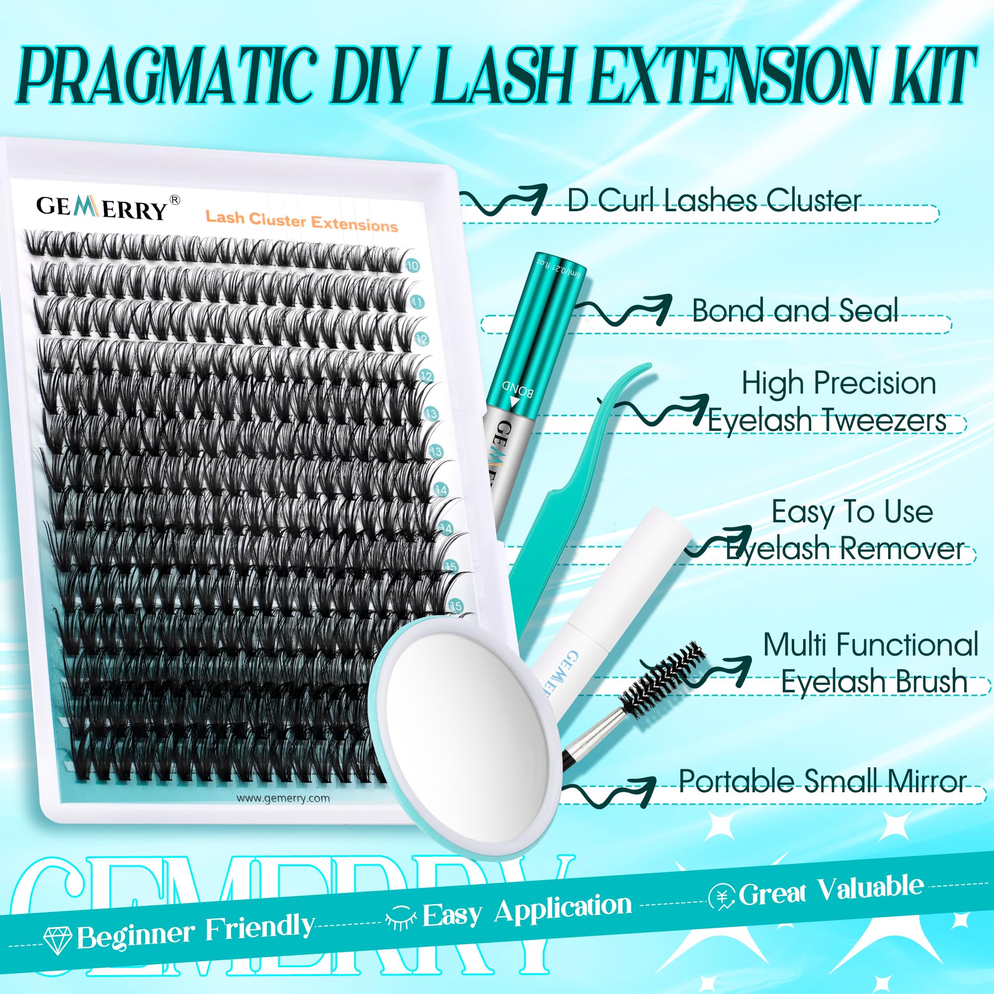 GEMERRY Fluffy Lash Extension Kit – DIY Lash Clusters (280Pcs, D Curl, 80P-10-18mm) with Bond & Seal