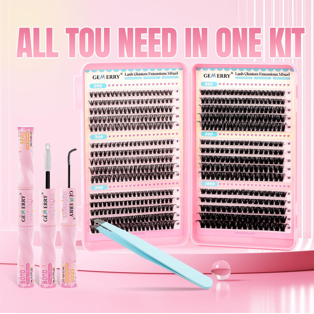 GEMERRY Lash Clusters Kit 565Pcs | 30D–100D Eyelash Extensions, 8–16mm, Bond & Seal, Tweezers