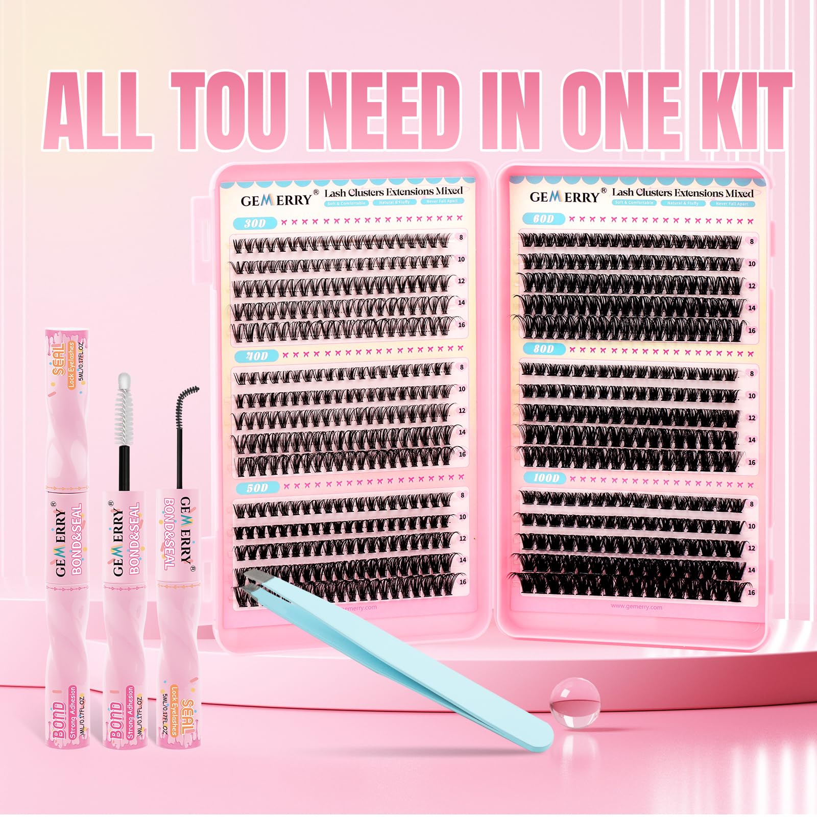 GEMERRY Lash Clusters Kit 565Pcs | 30D–100D Eyelash Extensions, 8–16mm, Bond & Seal, Tweezers