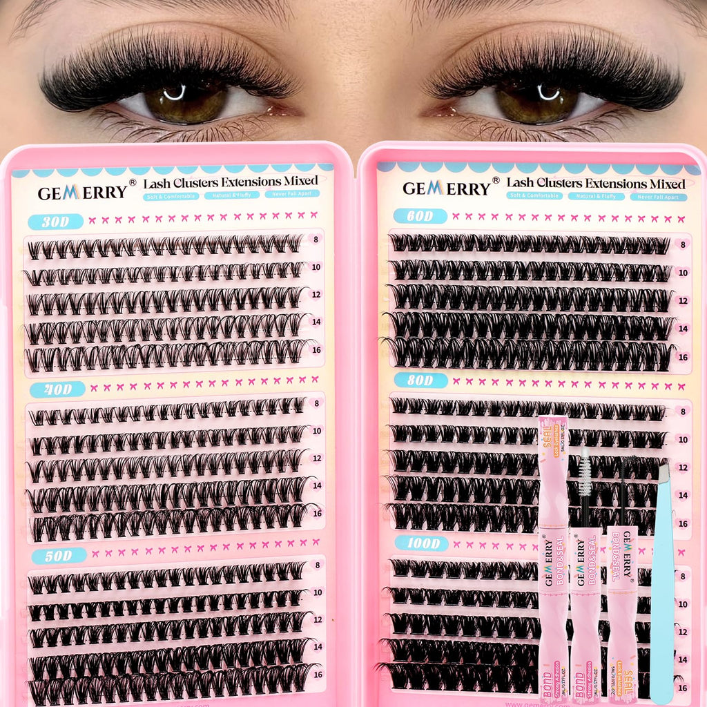GEMERRY Lash Clusters Kit 565Pcs | 30D–100D Eyelash Extensions, 8–16mm, Bond & Seal, Tweezers
