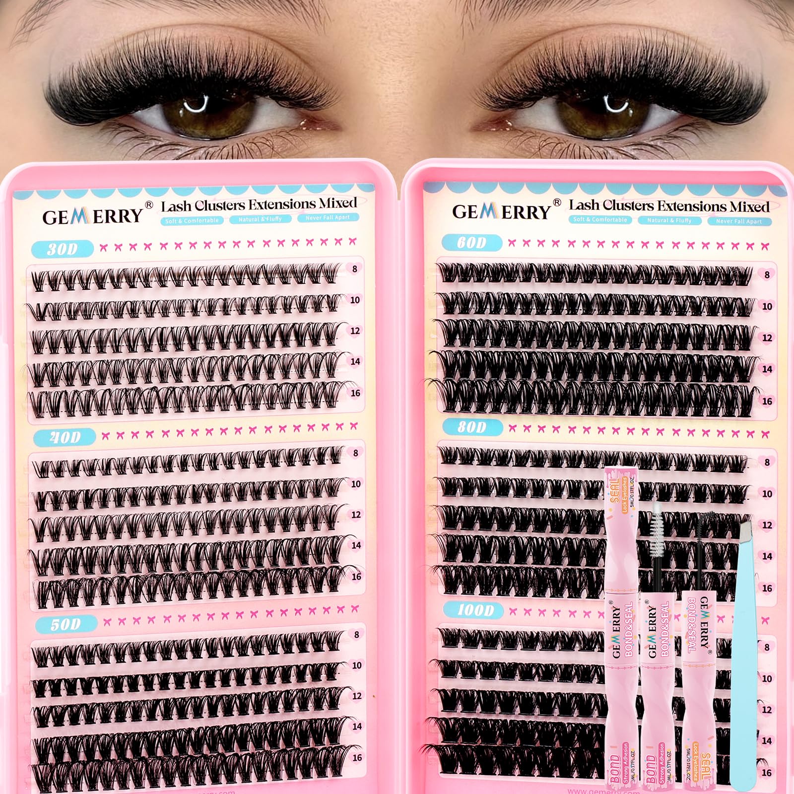 GEMERRY Lash Clusters Kit 565Pcs | 30D–100D Eyelash Extensions, 8–16mm, Bond & Seal, Tweezers