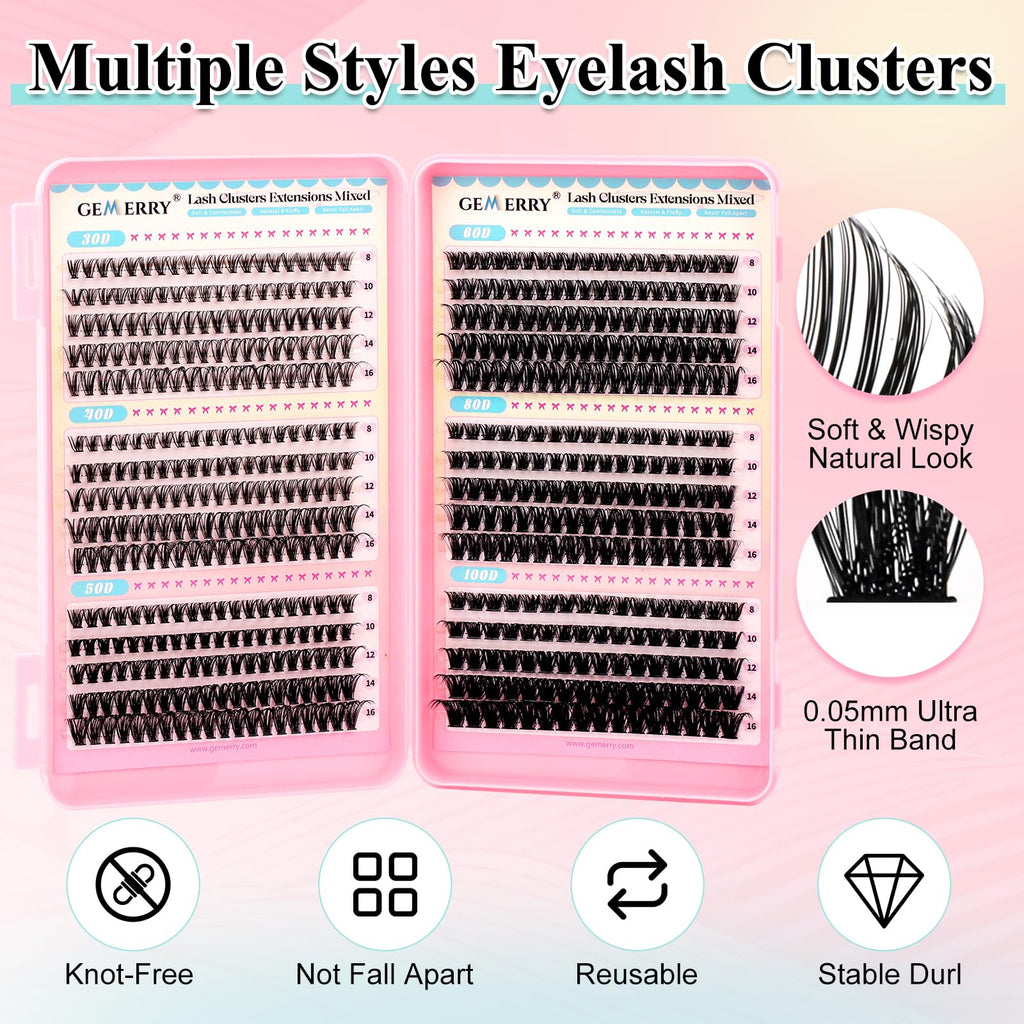 GEMERRY Lash Clusters Kit 565Pcs | 30D–100D Eyelash Extensions, 8–16mm, Bond & Seal, Tweezers