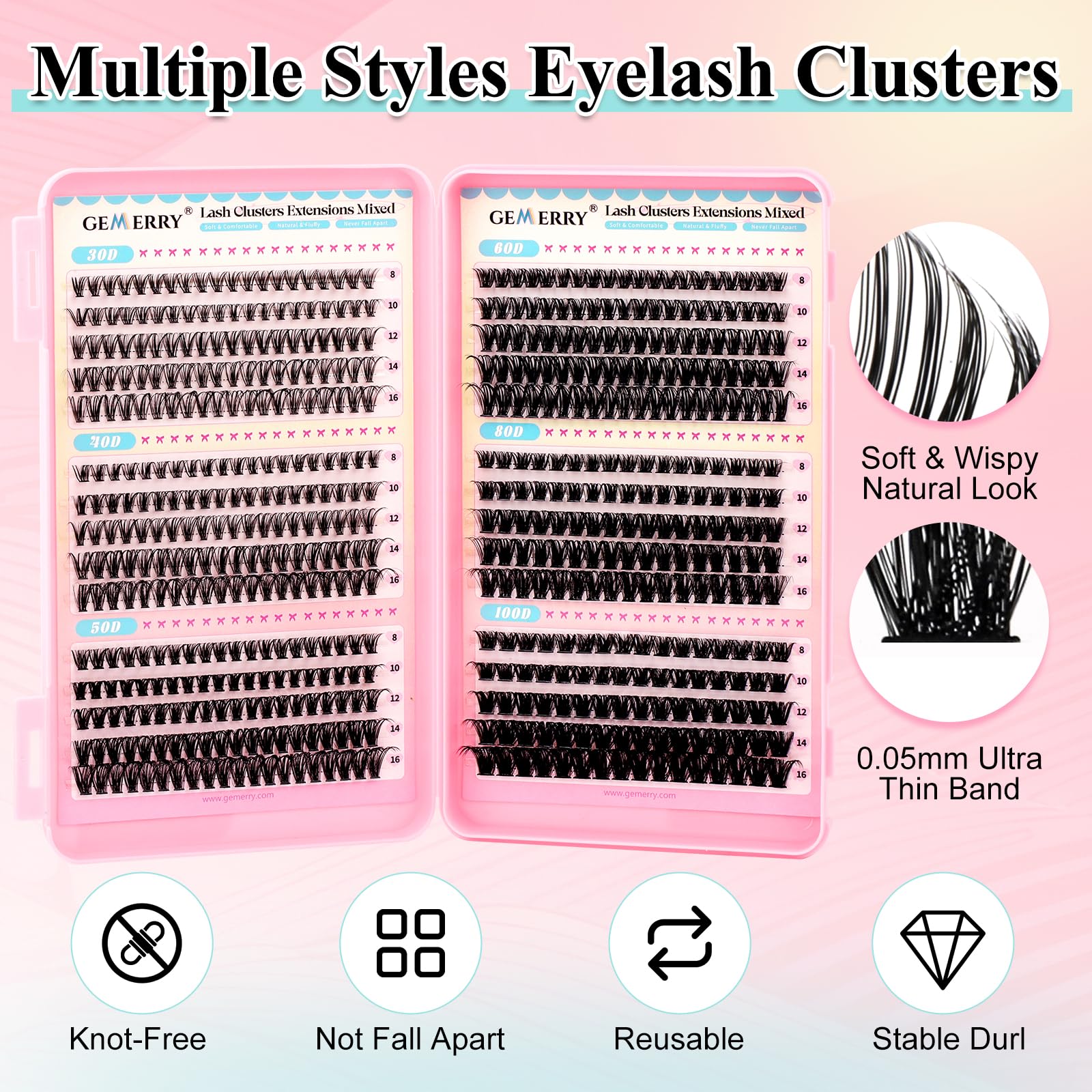 GEMERRY Lash Clusters Kit 565Pcs | 30D–100D Eyelash Extensions, 8–16mm, Bond & Seal, Tweezers