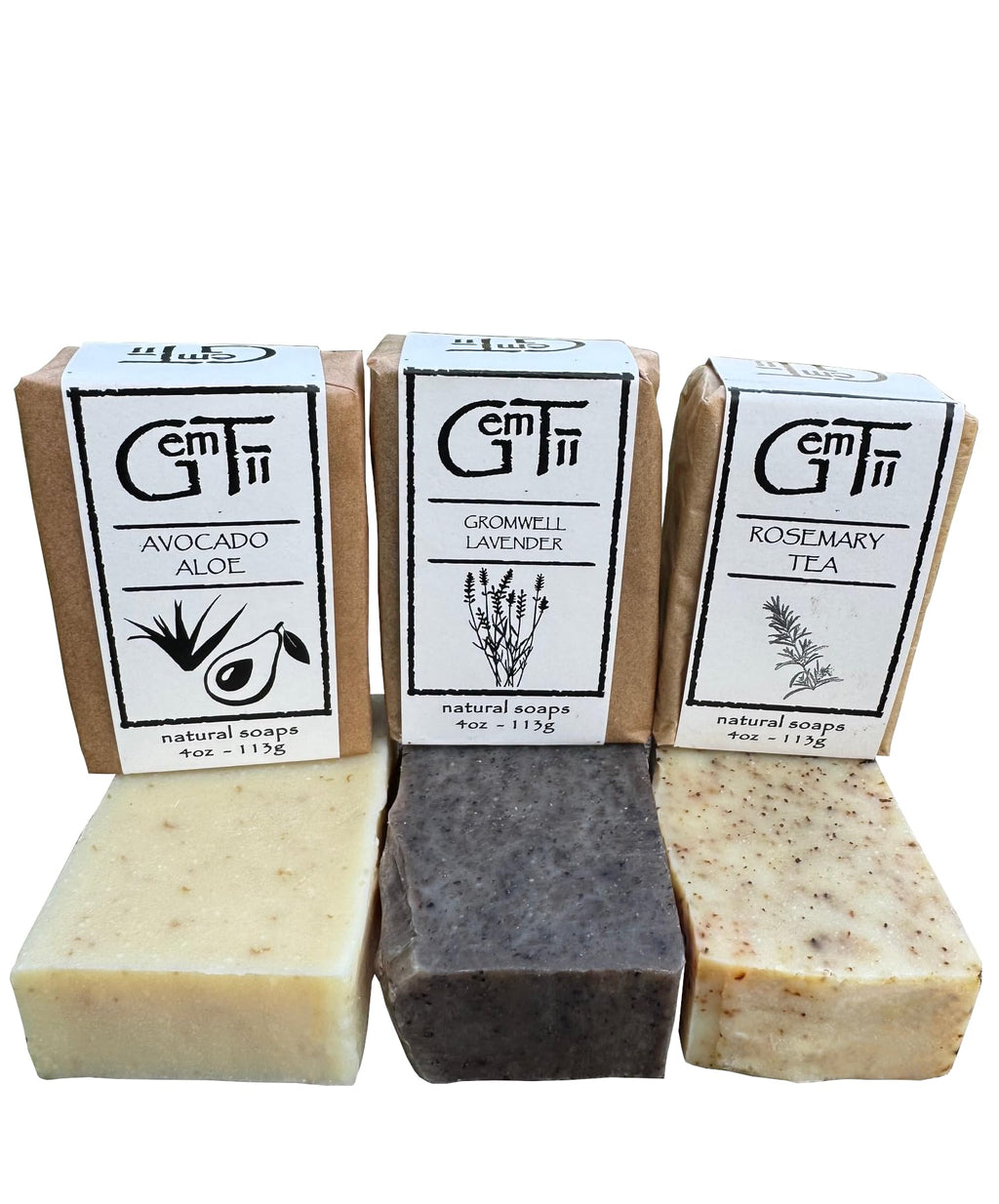 GemTii Three Pack Avocado Aloe, Gromwell Lavender & Rosemary Tea Soap Bars | Premium Cold Processed Handcrafted in USA