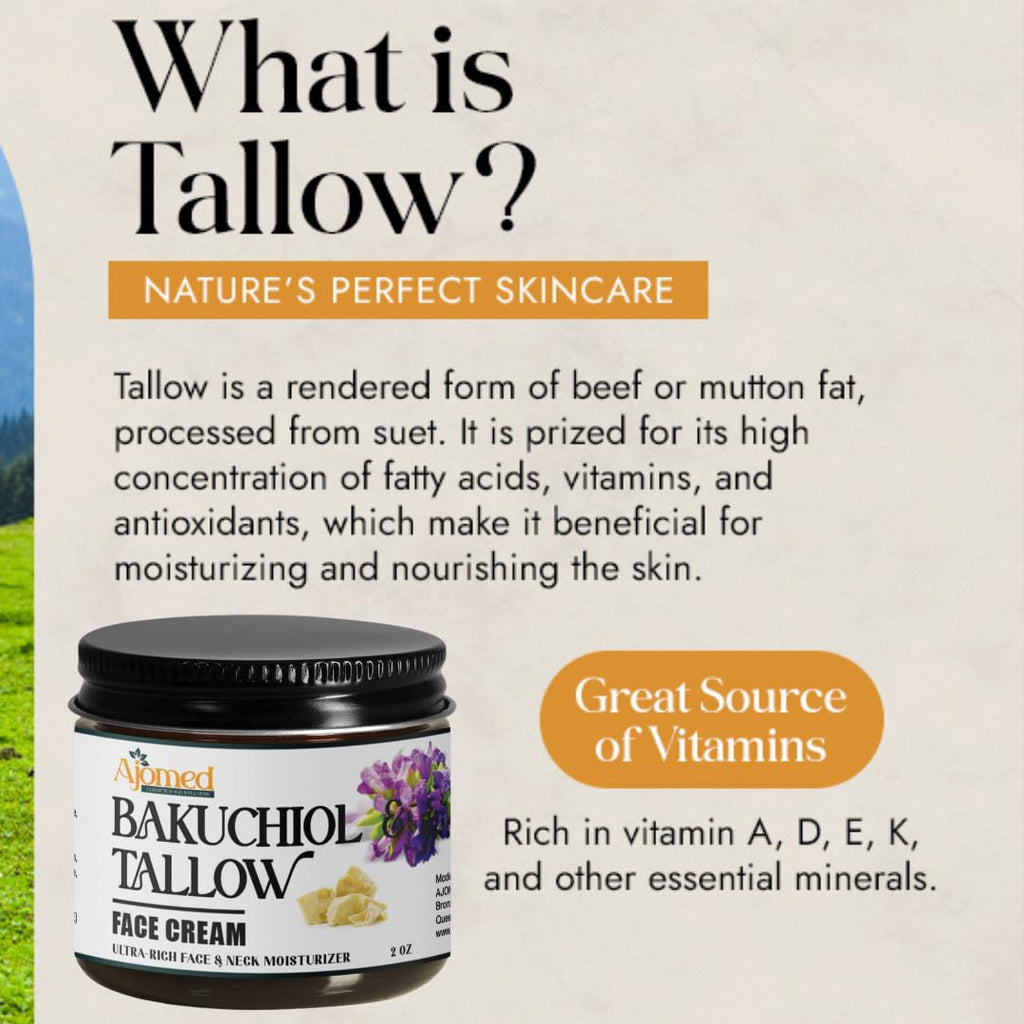 Beef Tallow Face Cream with 2% Bakuchiol Oil — Handmade, Non-Greasy Anti-Aging Moisturizer
