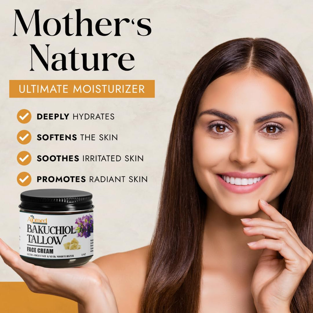 Beef Tallow Face Cream with 2% Bakuchiol Oil — Handmade, Non-Greasy Anti-Aging Moisturizer