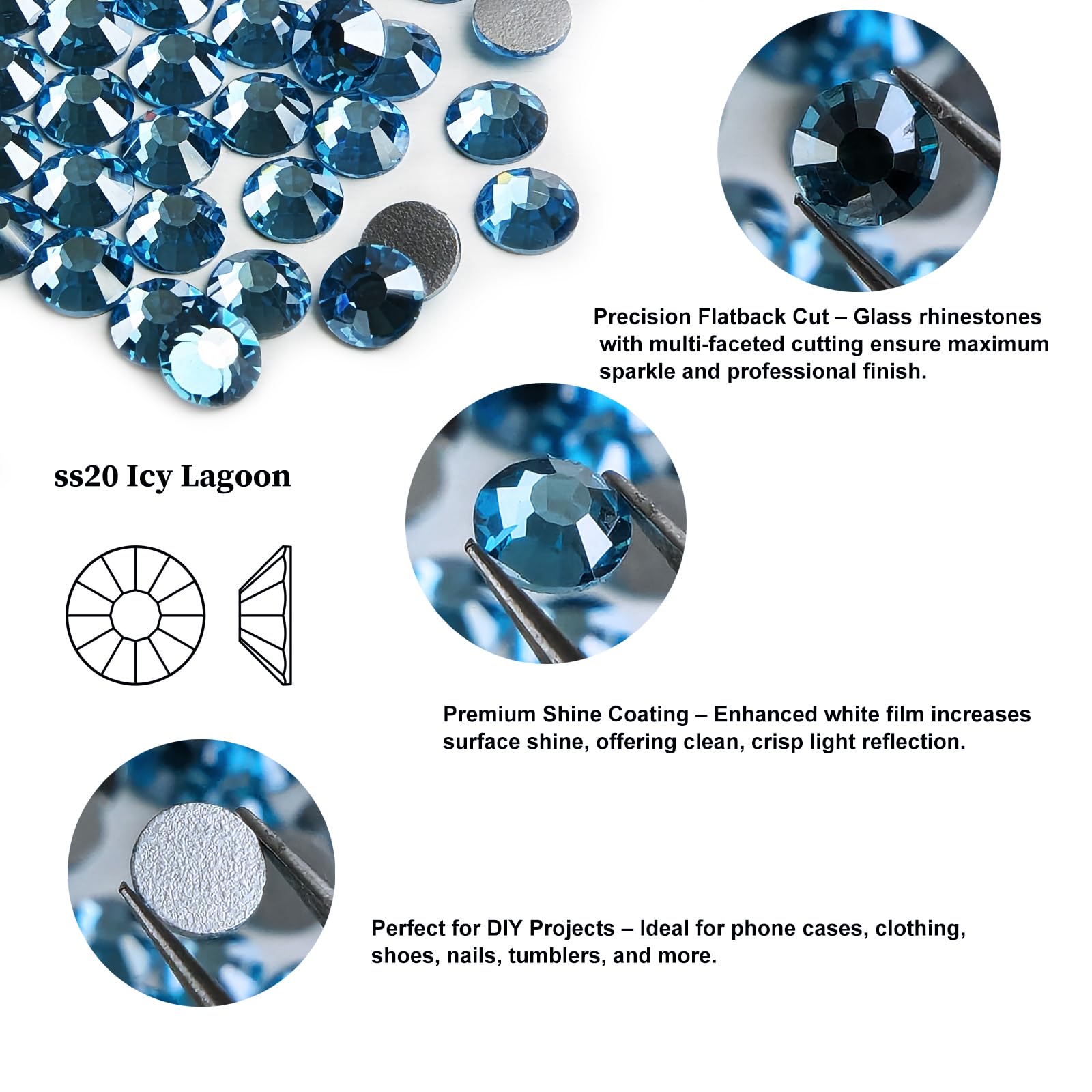 Genie Crystal SS20 Ice Aquamarine Flatback Rhinestones – 1440pcs, White-Film Coated, Non-Hotfix
