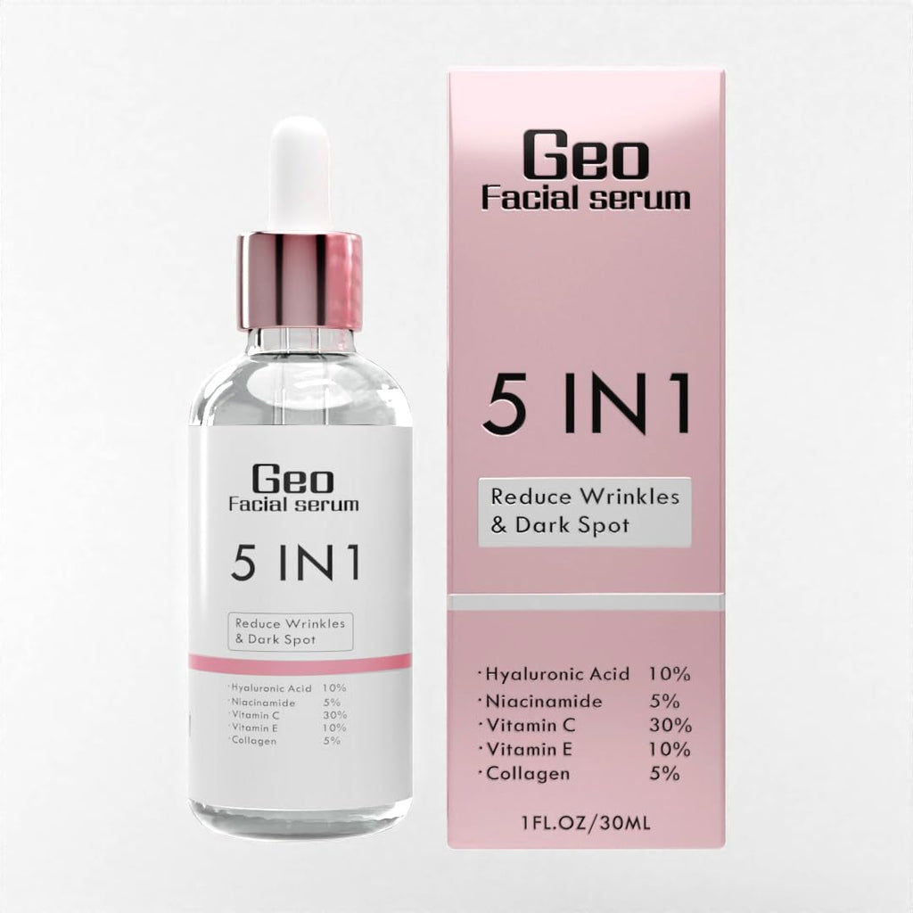 Geo Facial Serum 5 in 1 – Hyaluronic Acid, Vitamin C, Vitamin E, Collagen & Niacinamide for Hydration and Even Tone
