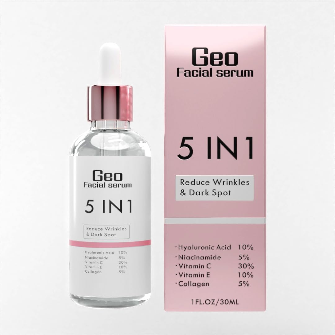 Geo Facial Serum 5 in 1 – Hyaluronic Acid, Vitamin C, Vitamin E, Collagen & Niacinamide for Hydration and Even Tone