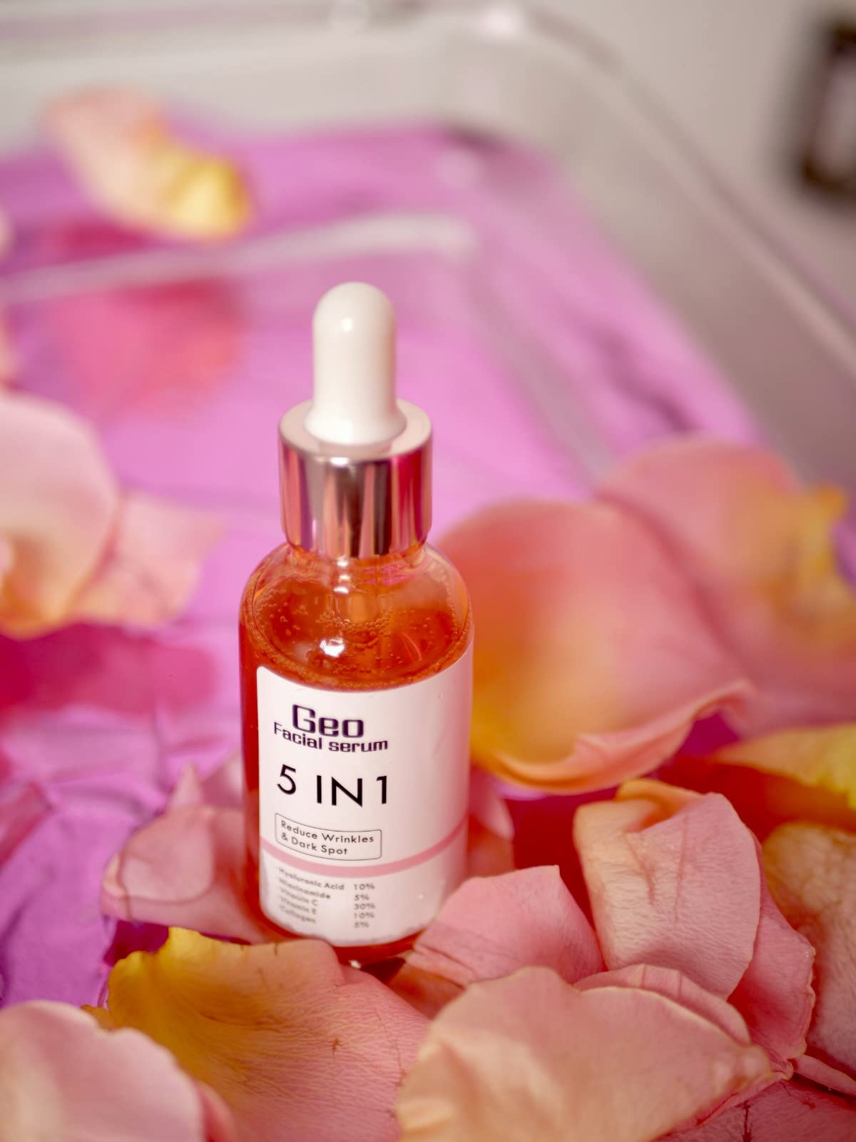 Geo Facial Serum 5 in 1 – Hyaluronic Acid, Vitamin C, Vitamin E, Collagen & Niacinamide for Hydration and Even Tone