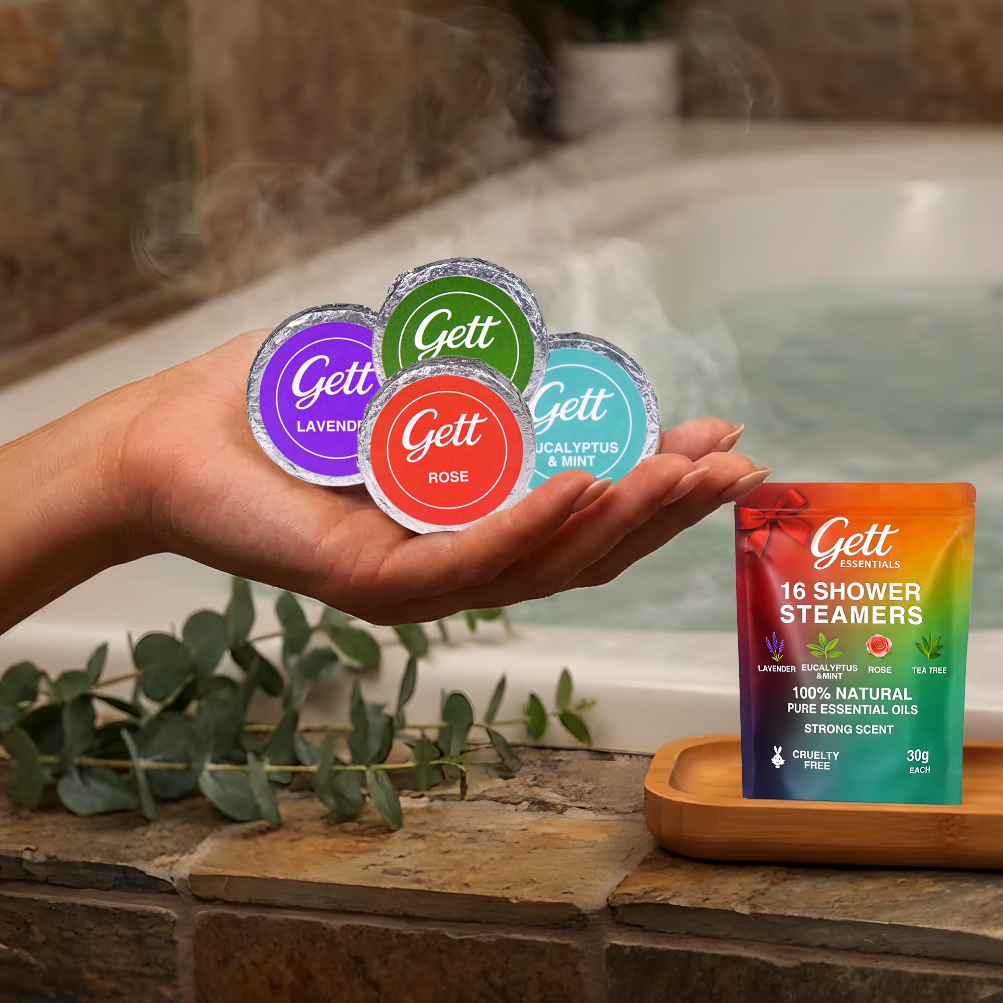 GETT Shower Steamers Aromatherapy 16-Pack – 4 Lavender, 4 Rose, 4 Tea Tree, 4 Mint