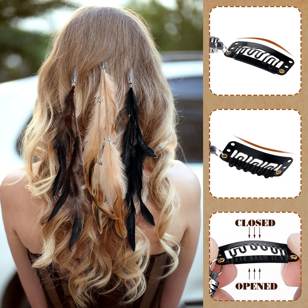 Geyoga 6 Pcs Feather Headband & Hair Clip Set | Boho Hippie Hair Extensions with Clip Comb (Classic Color)