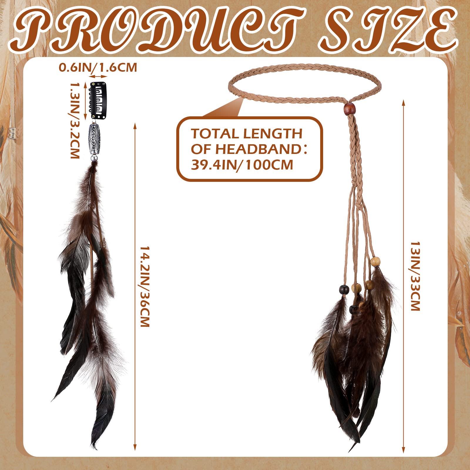 Geyoga 6 Pcs Feather Headband & Hair Clip Set | Boho Hippie Hair Extensions with Clip Comb (Classic Color)