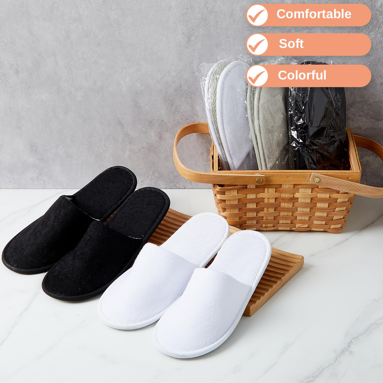 Geyoga 24 Pairs Disposable Guest Slippers – Bulk Cotton Hotel Spa Slippers, Individually Wrapped (Classic Color, Large)