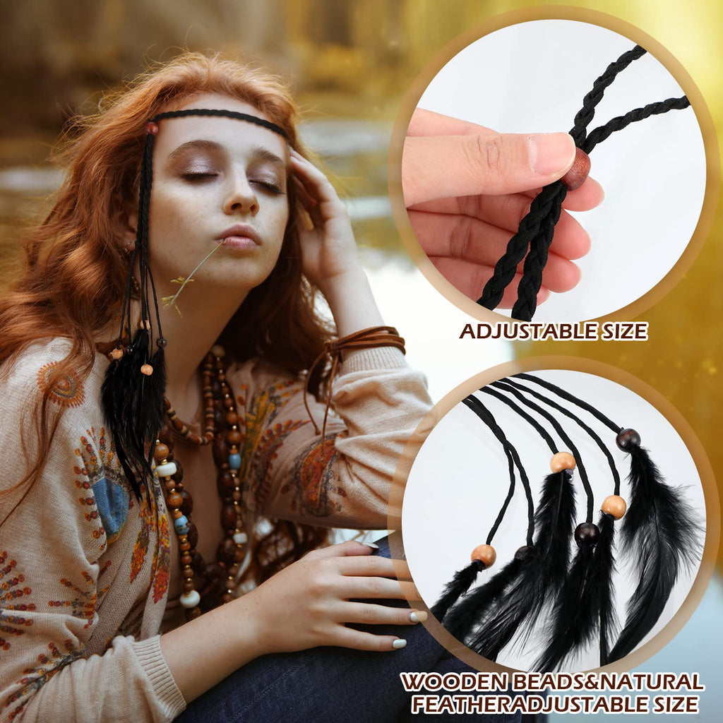 Geyoga 6 Pcs Feather Headband & Hair Clip Set | Boho Hippie Hair Extensions with Clip Comb (Classic Color)