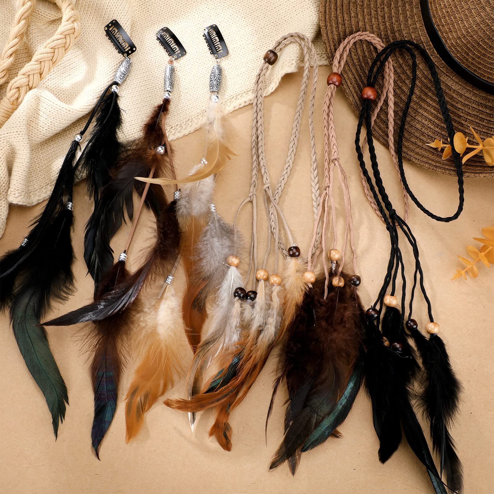 Geyoga 6 Pcs Feather Headband & Hair Clip Set | Boho Hippie Hair Extensions with Clip Comb (Classic Color)