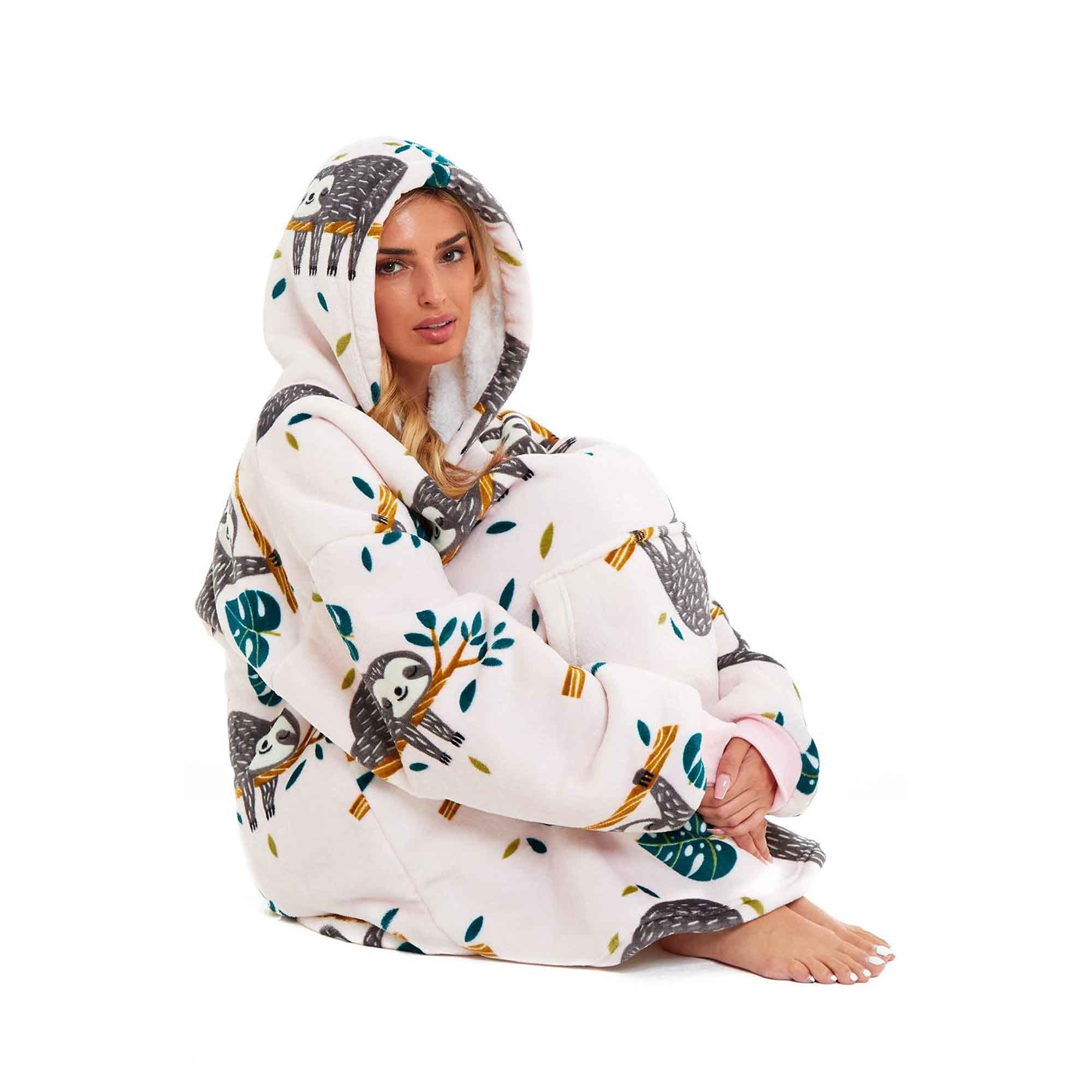 Daisy Dreamer Giant Sloth Hooded Blanket Ultra Soft Sherpa Fur Plush Flannel Fleece Comfort Cuff Cotton Rich Pack
